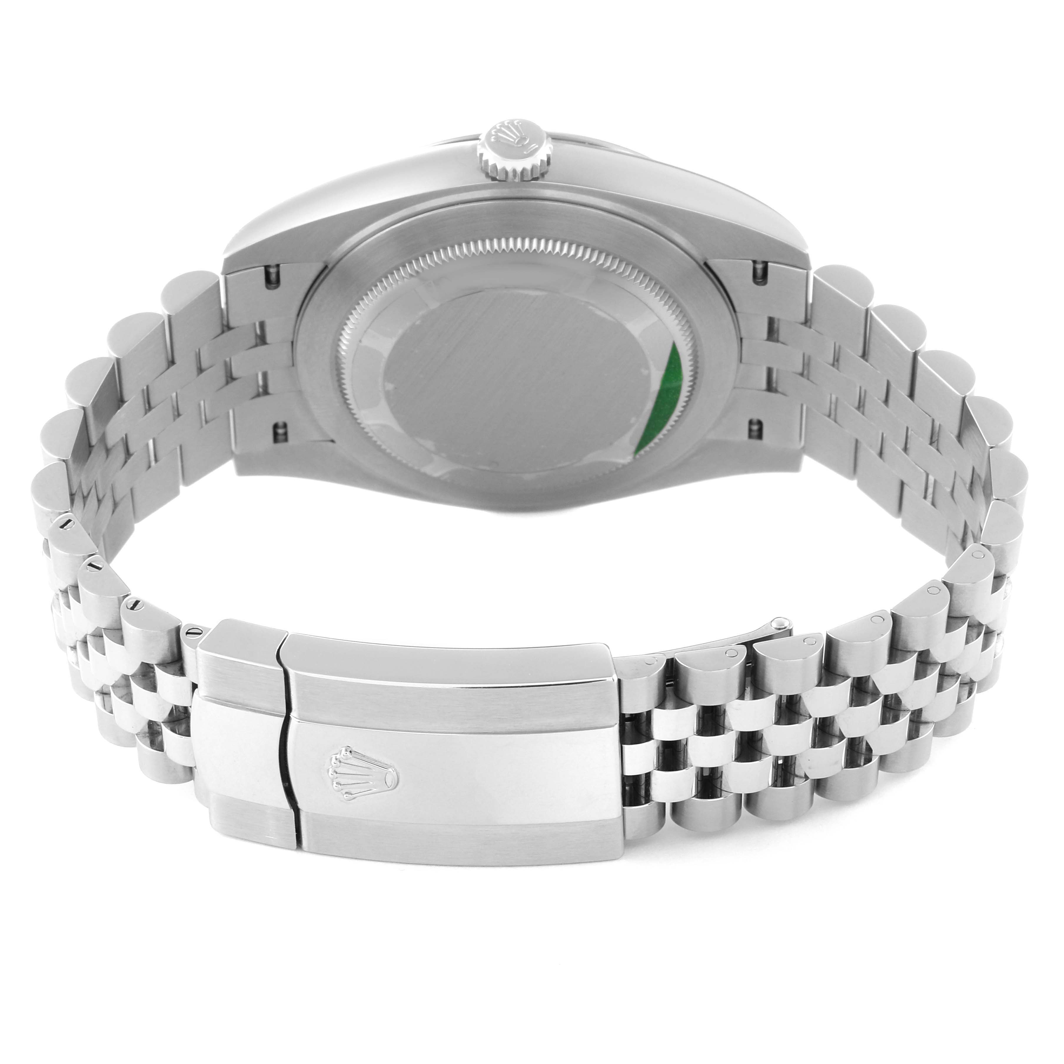 This image shows the back view of the Rolex Datejust 41 126334 Men
s Stainless Steel Grey Dial 126334 Men
s Stainless Steel Grey Dial watch, highlighting the case back and Jubilee bracelet with the clasp closed.