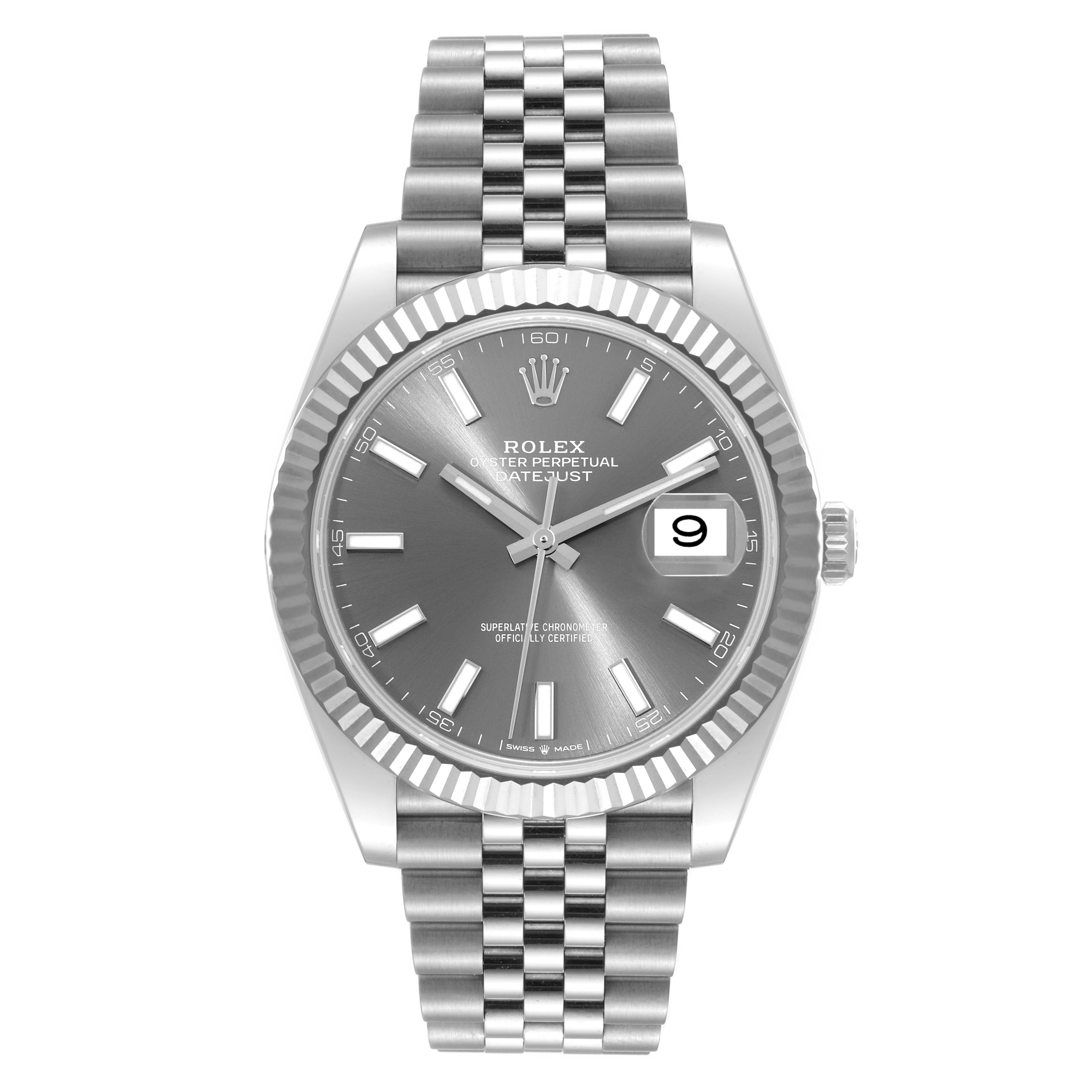 The image shows a Rolex Datejust 41 126334 Men
s Stainless Steel Grey Dial 126334 Men
s Stainless Steel Grey Dial watch from a front angle, highlighting its dial, bezel, bracelet, and date display.