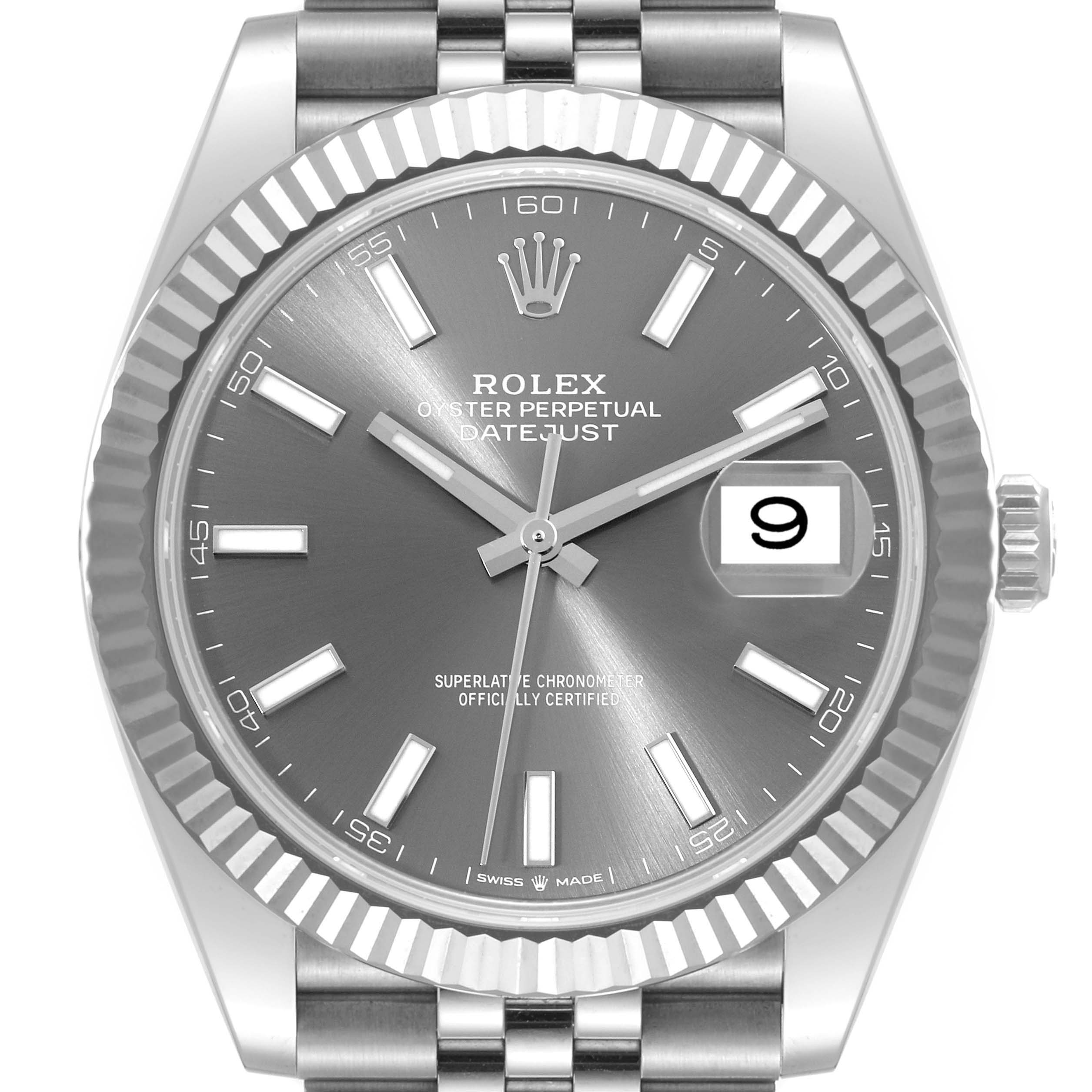 This Rolex Datejust 41 126334 Men
s Stainless Steel Grey Dial 126334 Men
s Stainless Steel Grey Dial is shown from a head-on angle, displaying the dial, bezel, and part of the bracelet.