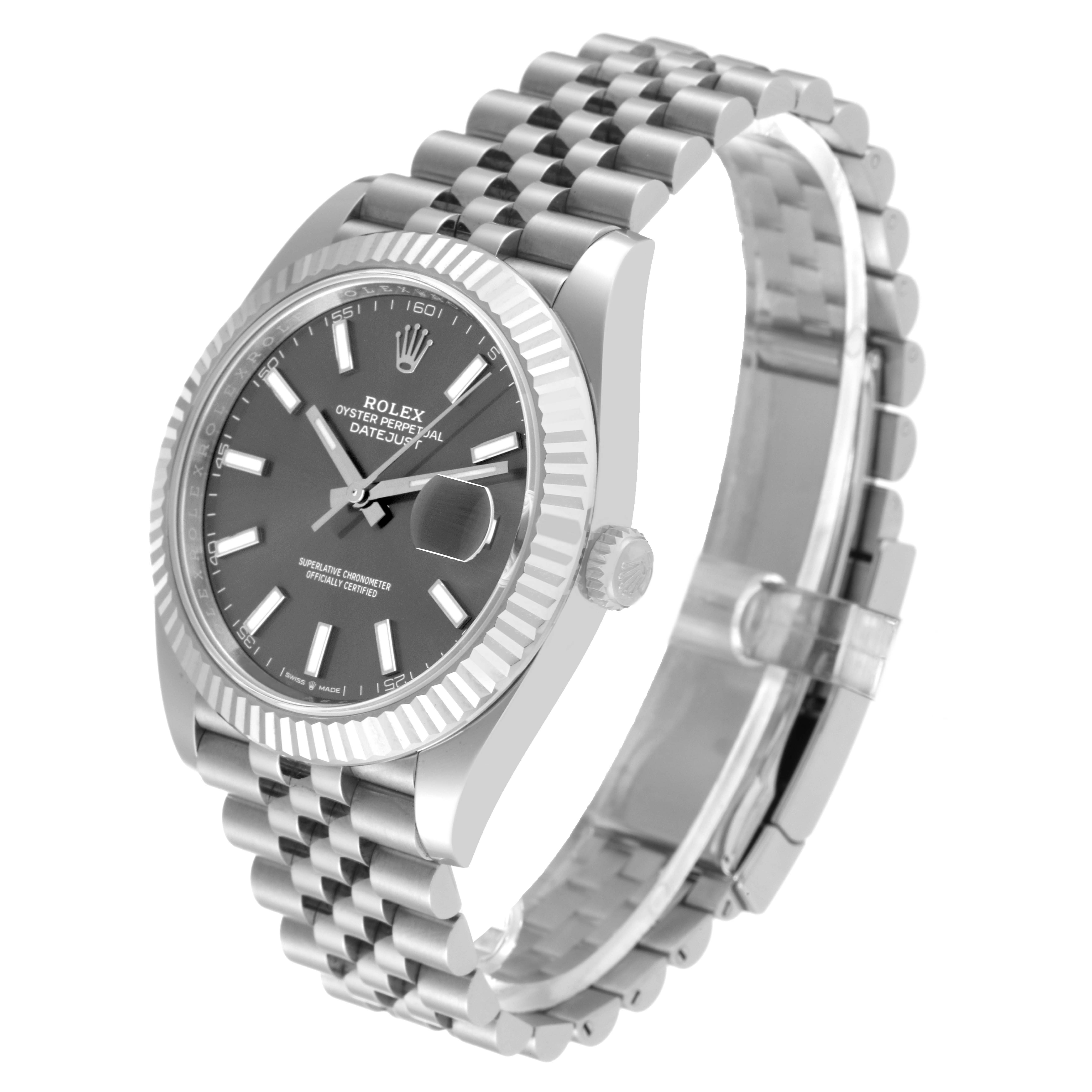 The image shows a Rolex Datejust 41 126334 Men
s Stainless Steel Grey Dial 126334 Men
s Stainless Steel Grey Dial with a fluted bezel, gray dial, and Jubilee bracelet at a three-quarter view angle.