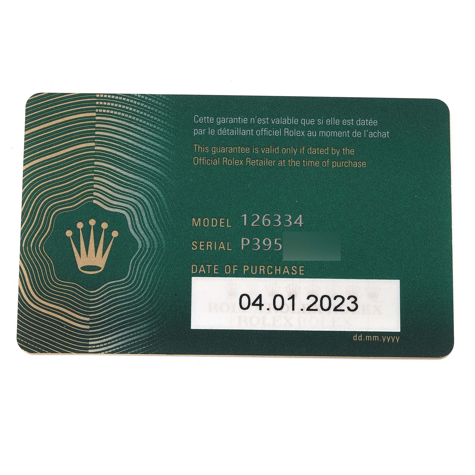The image shows a warranty card for the Rolex Datejust 41 126334 Men
s Stainless Steel Grey Dial 126334 Men
s Stainless Steel Grey Dial, model 126334, with a purchase date of January 4th, 2023.