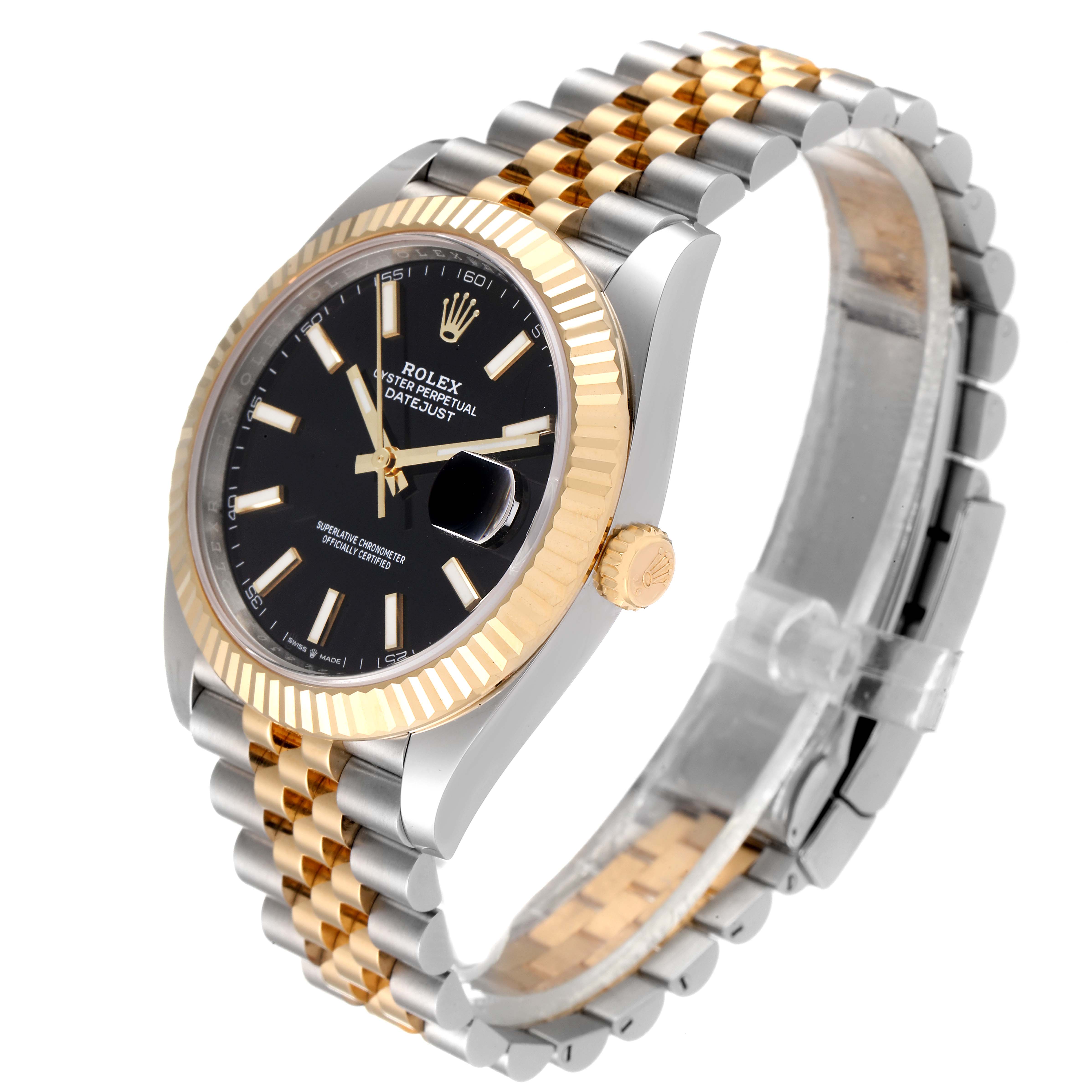 The image shows a Rolex Datejust 41 126333 Men's Steel and Gold (two tone) Black Dial 126333 Men's Steel and Gold (two tone) Black Dial watch at a three-quarter angle, highlighting its black dial, fluted bezel, gold crown, and two-tone Jubilee bracelet.