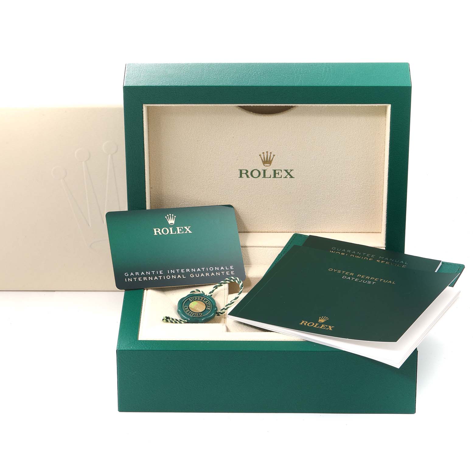 The image shows the packaging for a Rolex Datejust 41 126333 Men's Steel and Gold (two tone) Black Dial 126333 Men's Steel and Gold (two tone) Black Dial model, including the inner box, guarantee card, booklet, and tag.