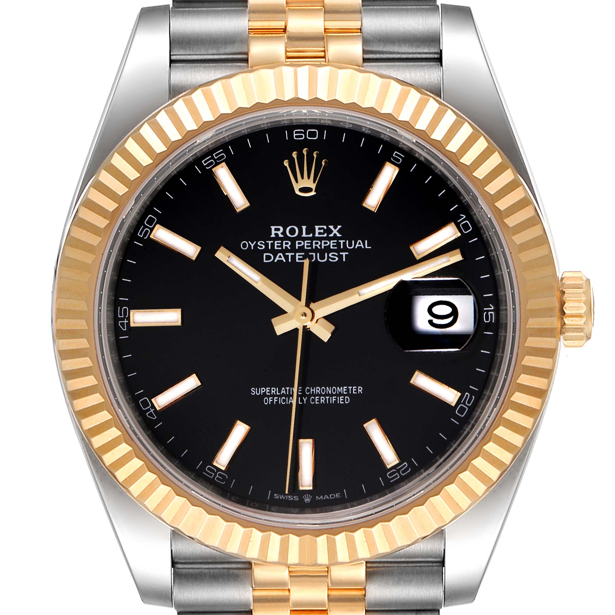 The image shows a front view of a Rolex Datejust 41 126333 Men's Steel and Gold (two tone) Black Dial 126333 Men's Steel and Gold (two tone) Black Dial, highlighting the black dial, gold bezel, and part of the two-tone bracelet.
