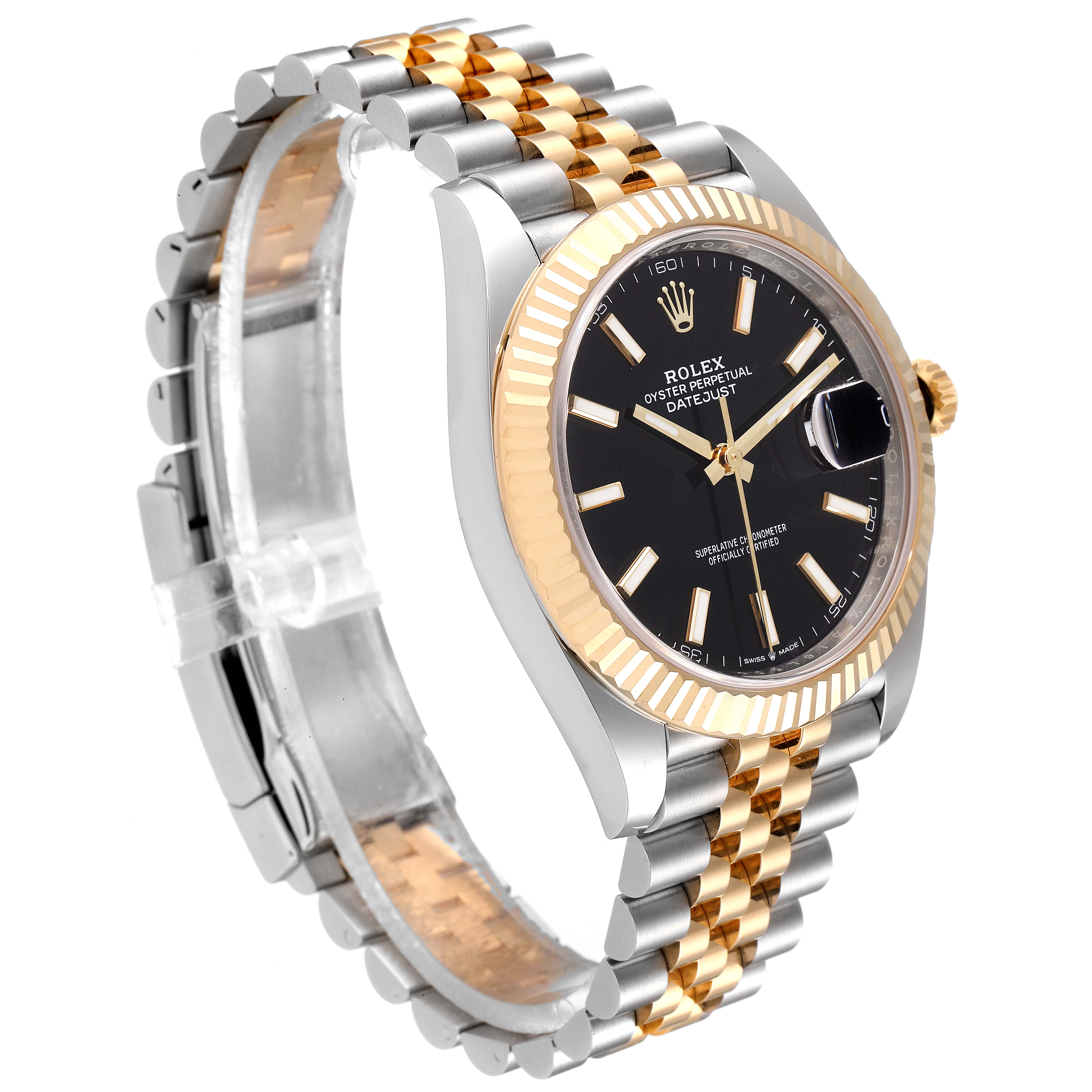The Rolex Datejust 41 126333 Men's Steel and Gold (two tone) Black Dial 126333 Men's Steel and Gold (two tone) Black Dial watch is shown at a slightly tilted side angle, highlighting its jubilee bracelet and fluted bezel.