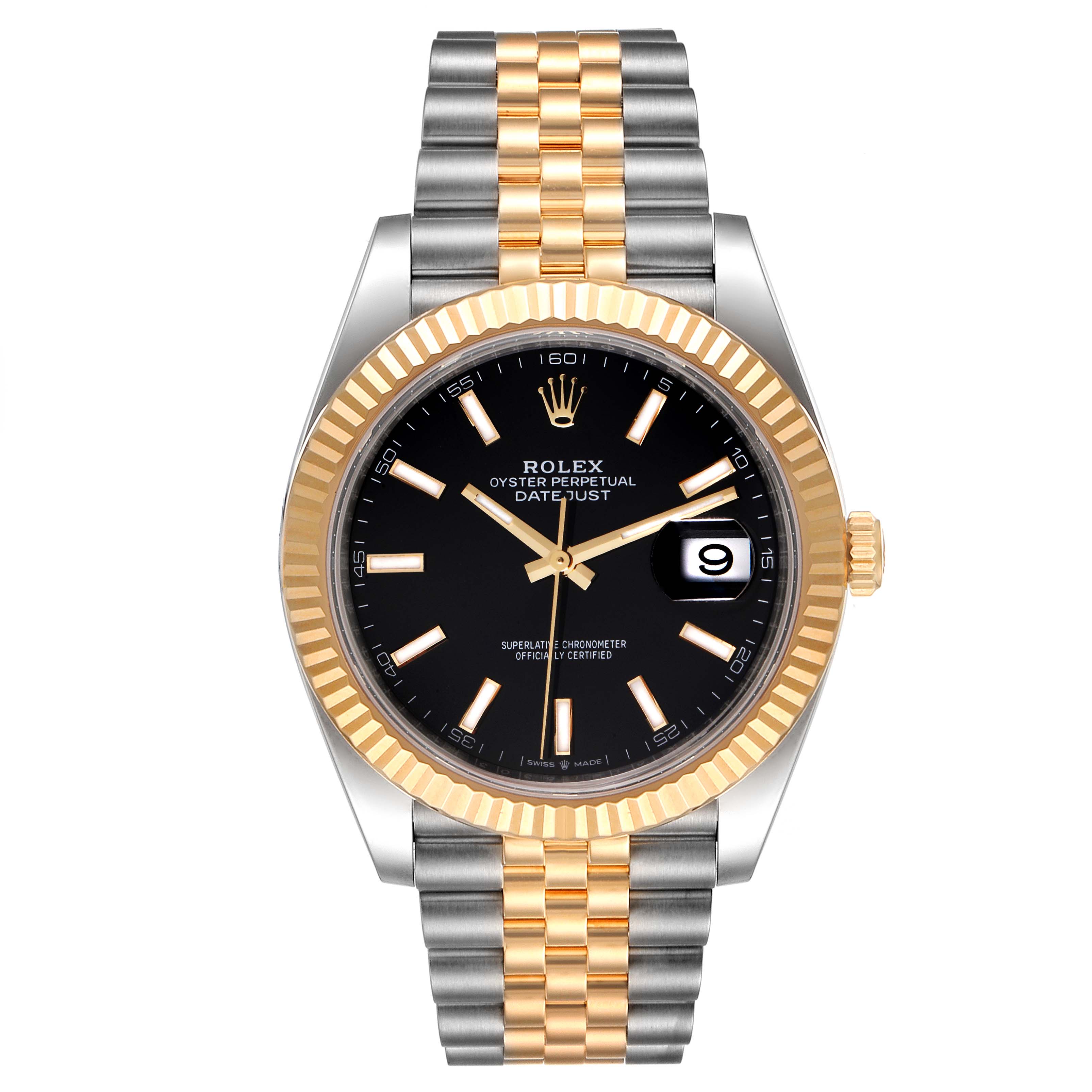 The image shows a front view of the Rolex Datejust 41 126333 Men's Steel and Gold (two tone) Black Dial 126333 Men's Steel and Gold (two tone) Black Dial watch, highlighting its black dial, gold and silver jubilee bracelet, and date feature.