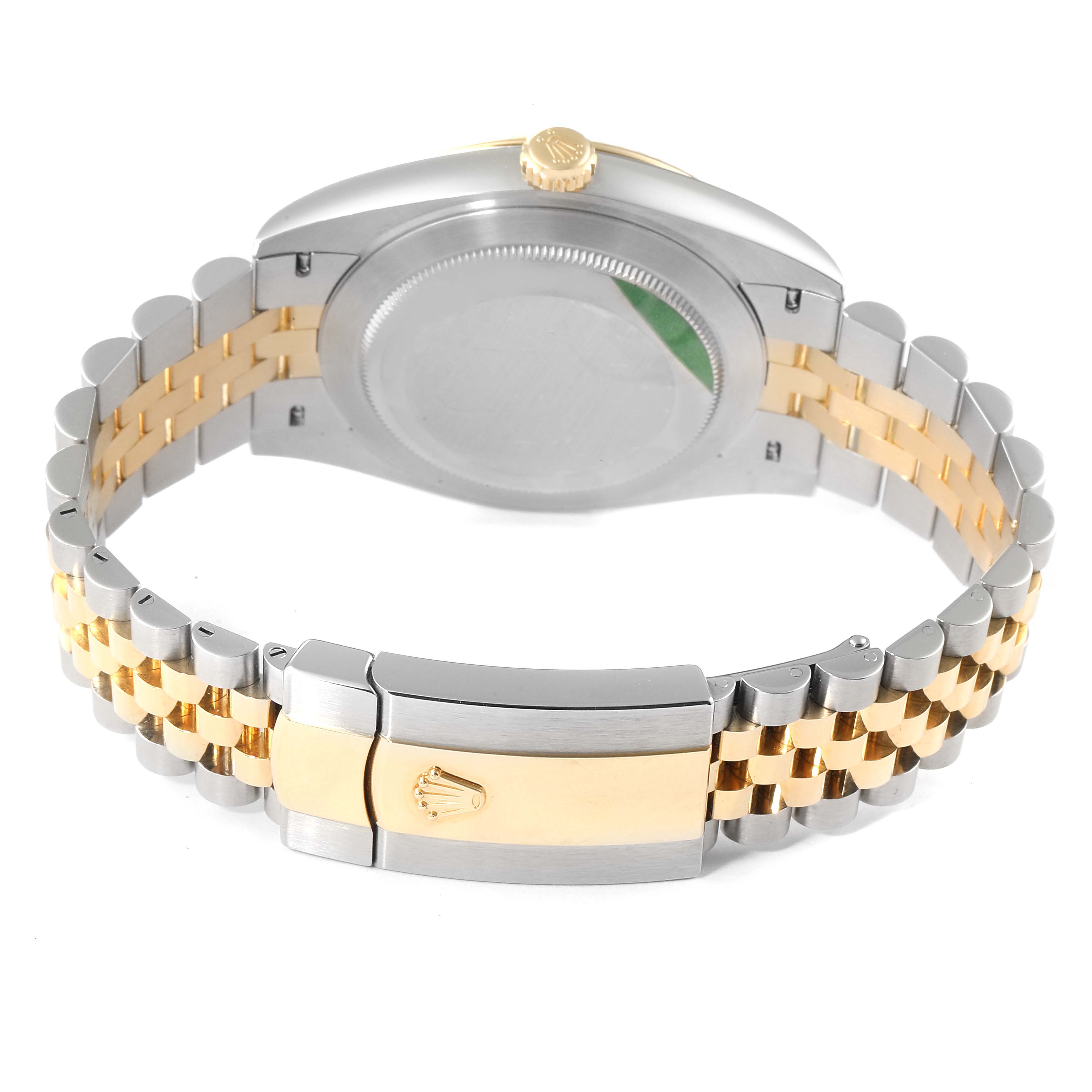 This image shows the back view of the Rolex Datejust 41 126333 Men's Steel and Gold (two tone) Black Dial 126333 Men's Steel and Gold (two tone) Black Dial watch, highlighting its jubilee bracelet and clasp.