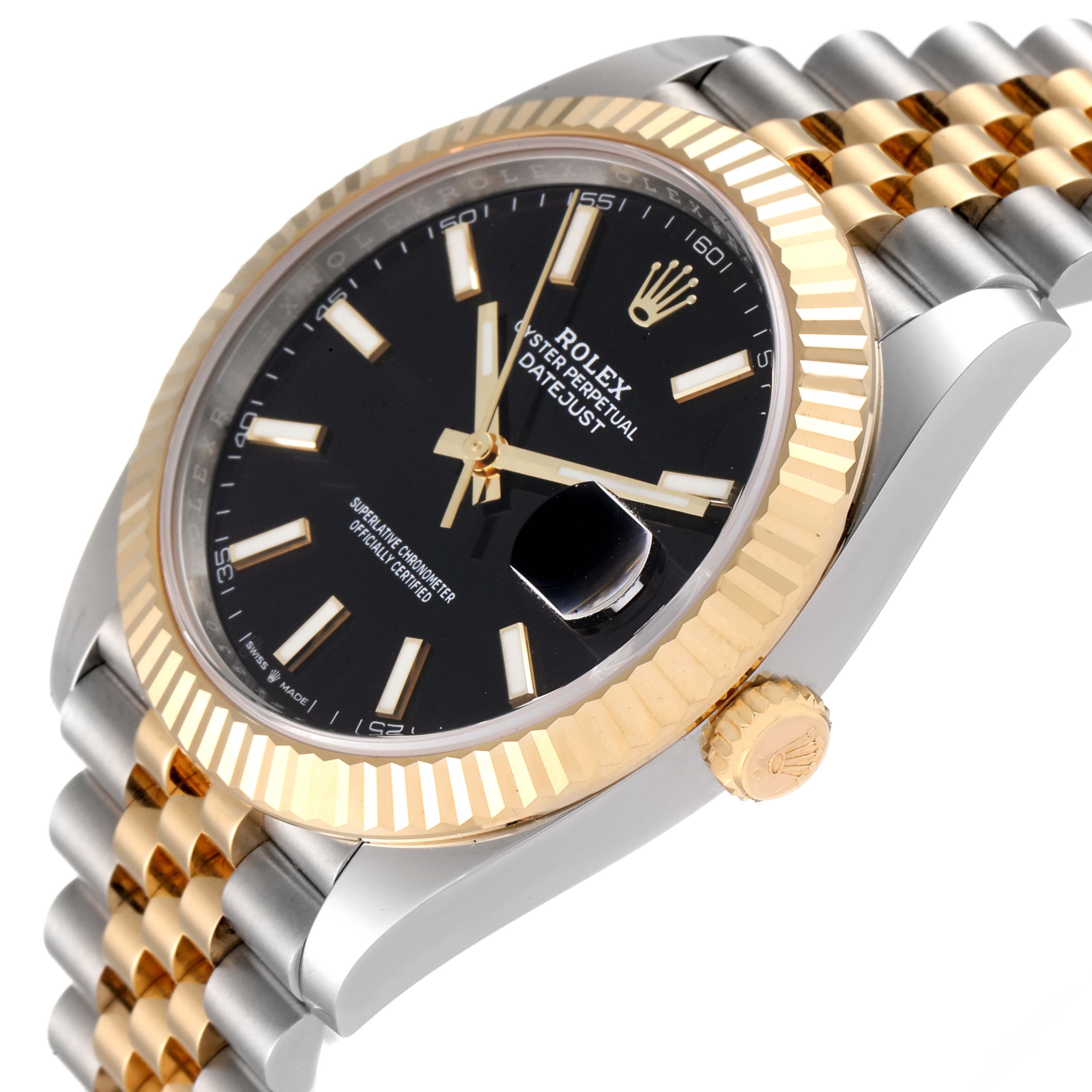 The image shows a Rolex Datejust 41 126333 Men's Steel and Gold (two tone) Black Dial 126333 Men's Steel and Gold (two tone) Black Dial watch angled slightly from the side, displaying the face, bezel, and part of the bracelet.