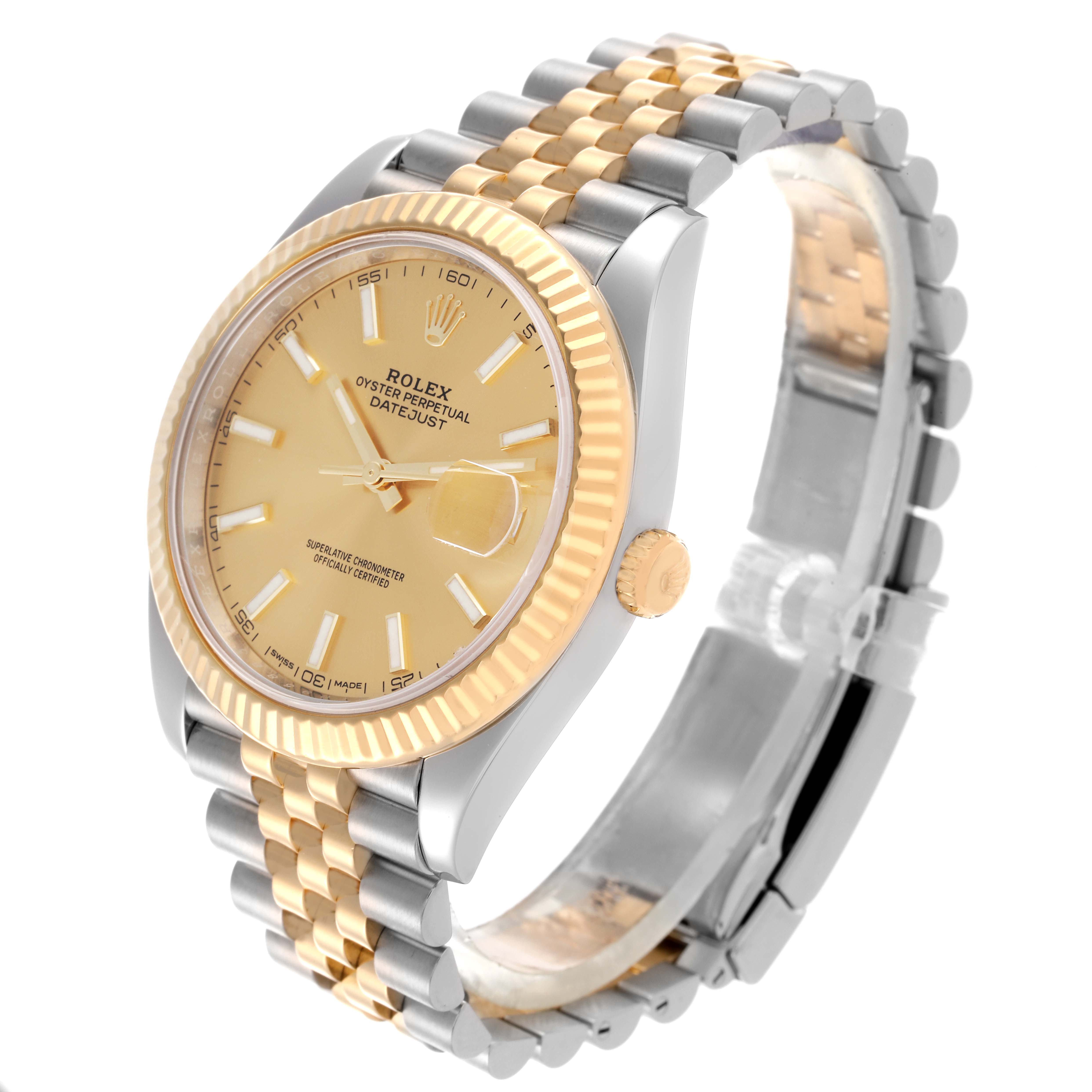 The Rolex Datejust 41 126333 Men's Steel and Gold (two tone) Champagne Dial 126333 Men's Steel and Gold (two tone) Champagne Dial is shown at a three-quarter angle, highlighting the face, bezel, crown, and two-tone bracelet.
