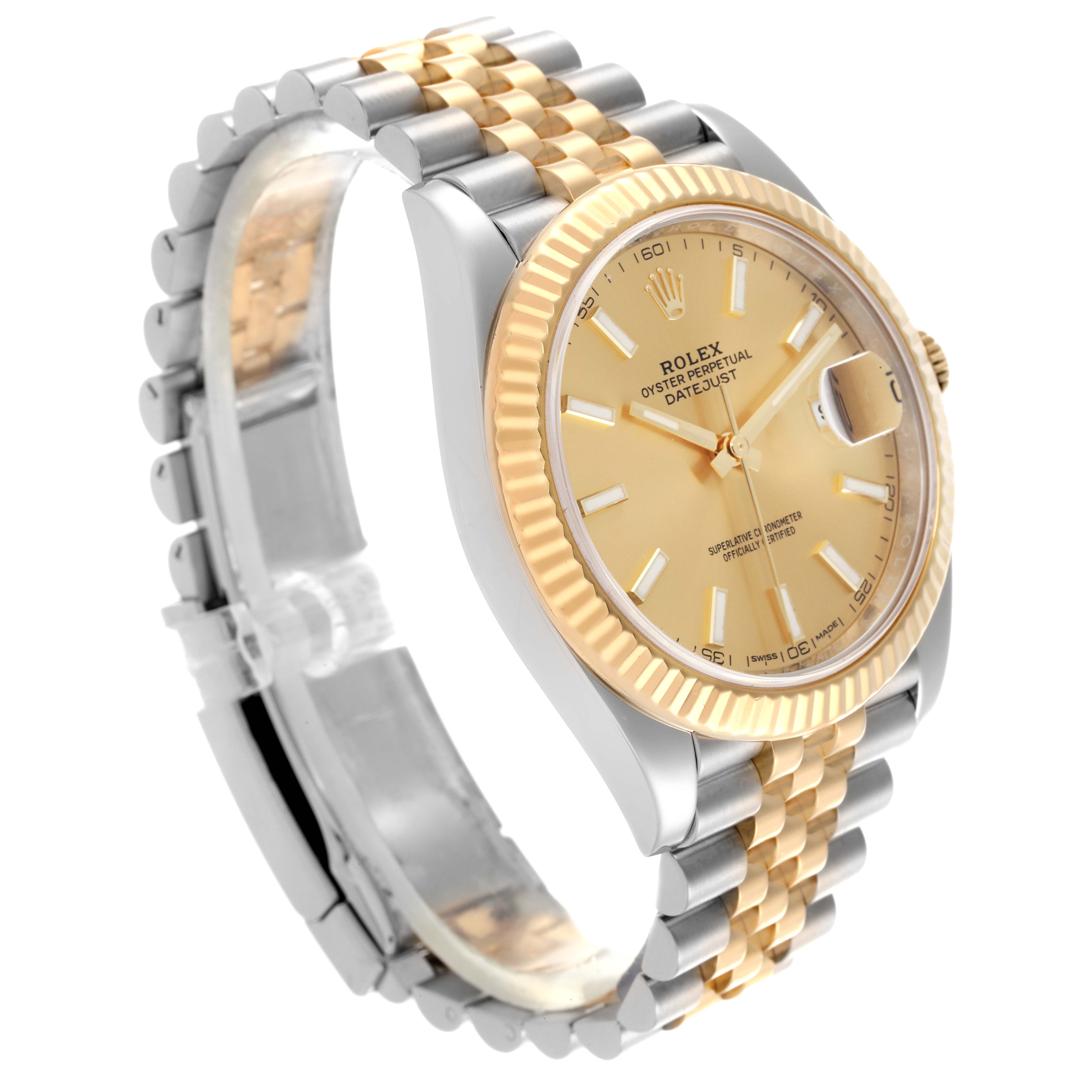The Rolex Datejust 41 126333 Men's Steel and Gold (two tone) Champagne Dial 126333 Men's Steel and Gold (two tone) Champagne Dial watch is shown at a side angle highlighting the face, bezel, and part of the bracelet.