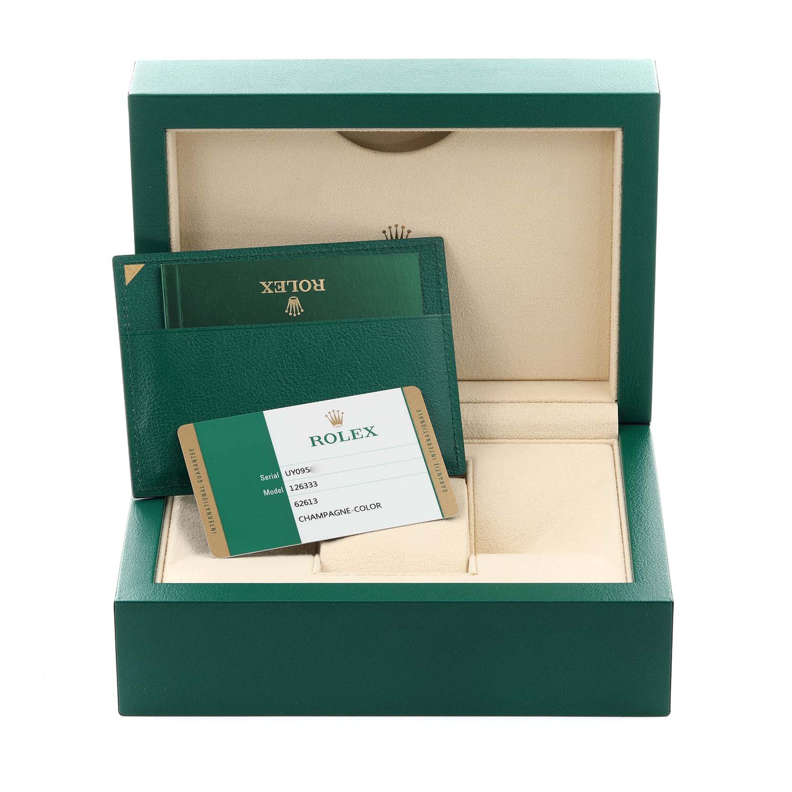 The image shows the open box and warranty card for a Rolex Datejust 41 126333 Men's Steel and Gold (two tone) Champagne Dial 126333 Men's Steel and Gold (two tone) Champagne Dial, without the watch inside.