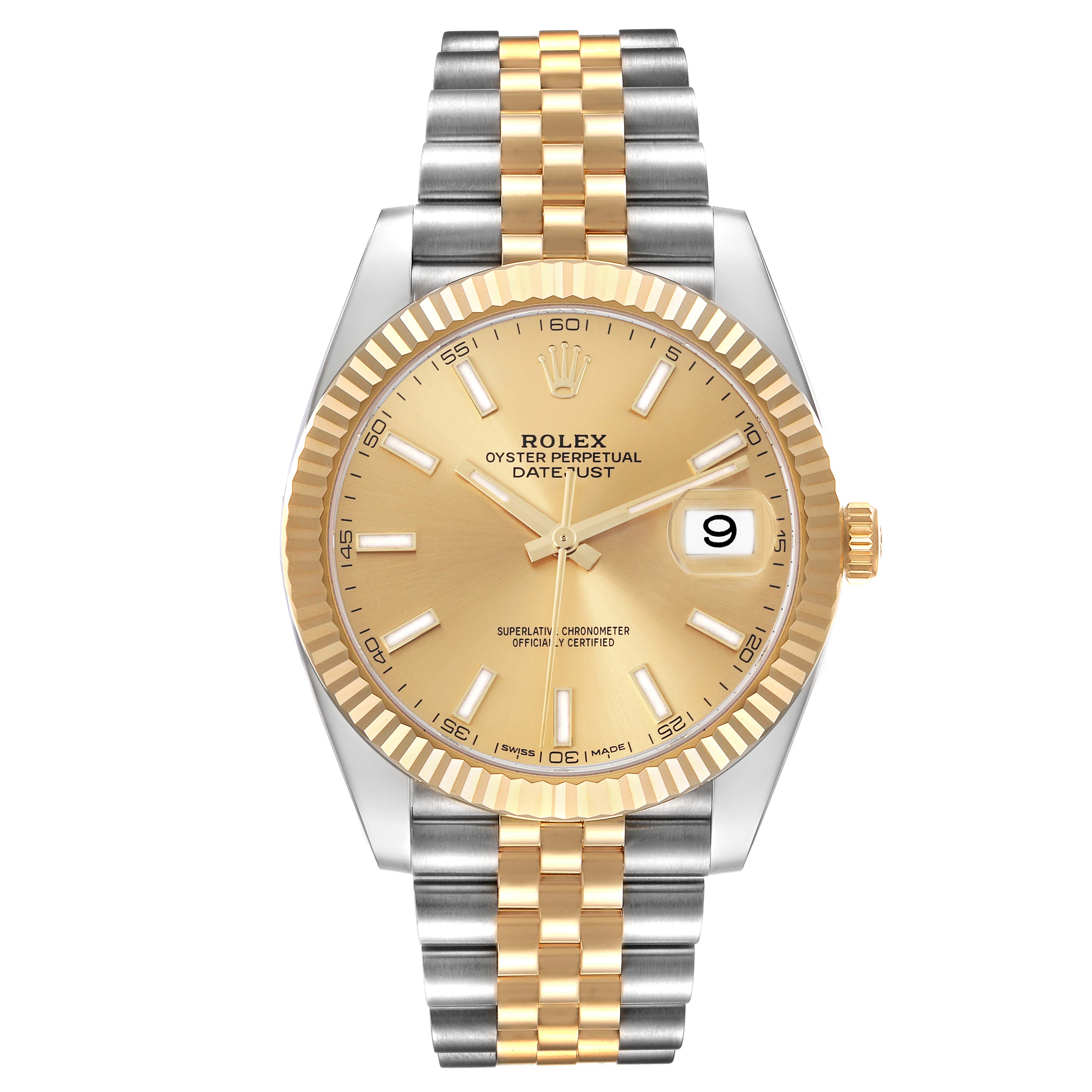 The Rolex Datejust 41 126333 Men's Steel and Gold (two tone) Champagne Dial 126333 Men's Steel and Gold (two tone) Champagne Dial watch is shown from the front, displaying the dial, bezel, and bracelet.