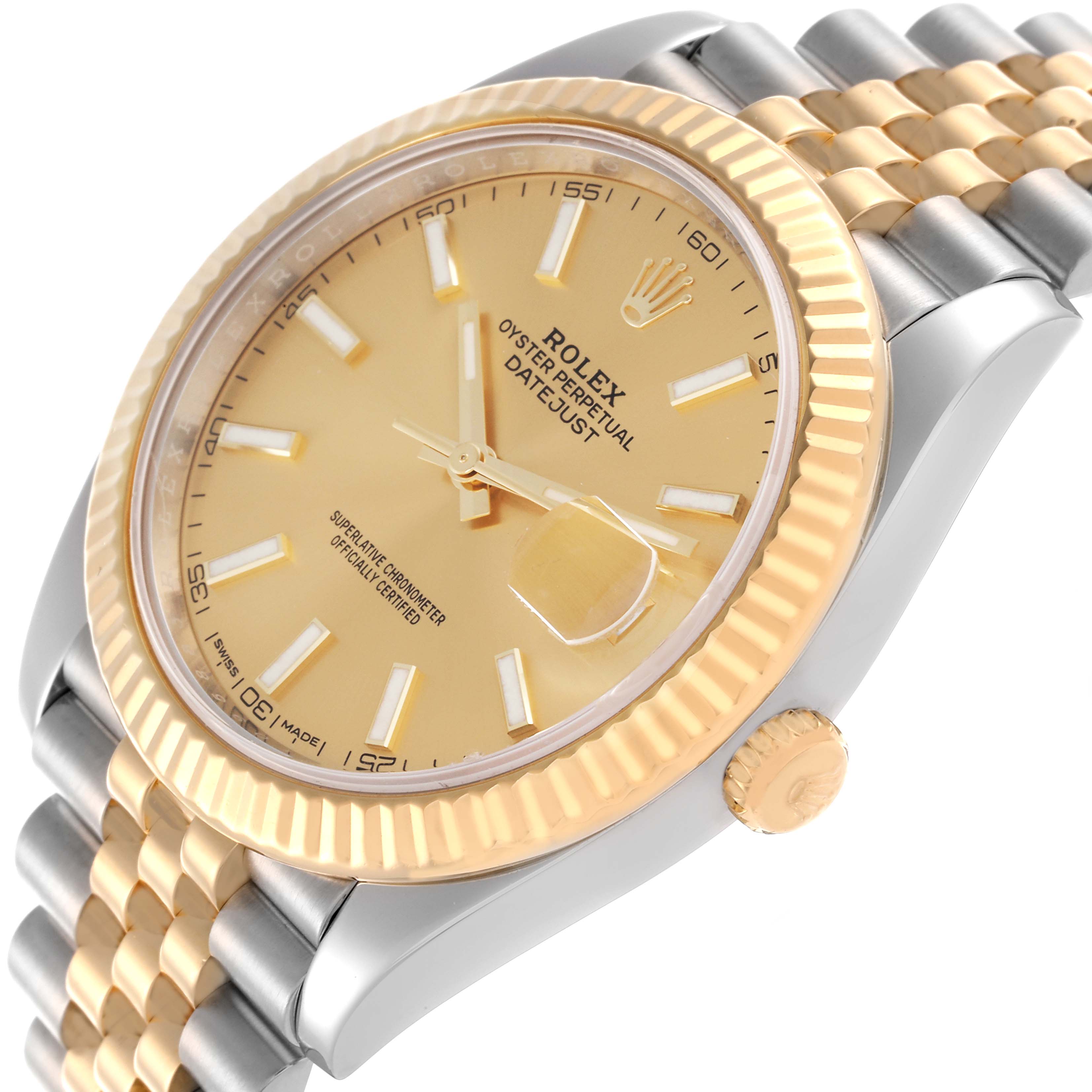 The Rolex Datejust 41 126333 Men's Steel and Gold (two tone) Champagne Dial 126333 Men's Steel and Gold (two tone) Champagne Dial is shown at an angle highlighting the dial, bezel, crown, and part of the bracelet.