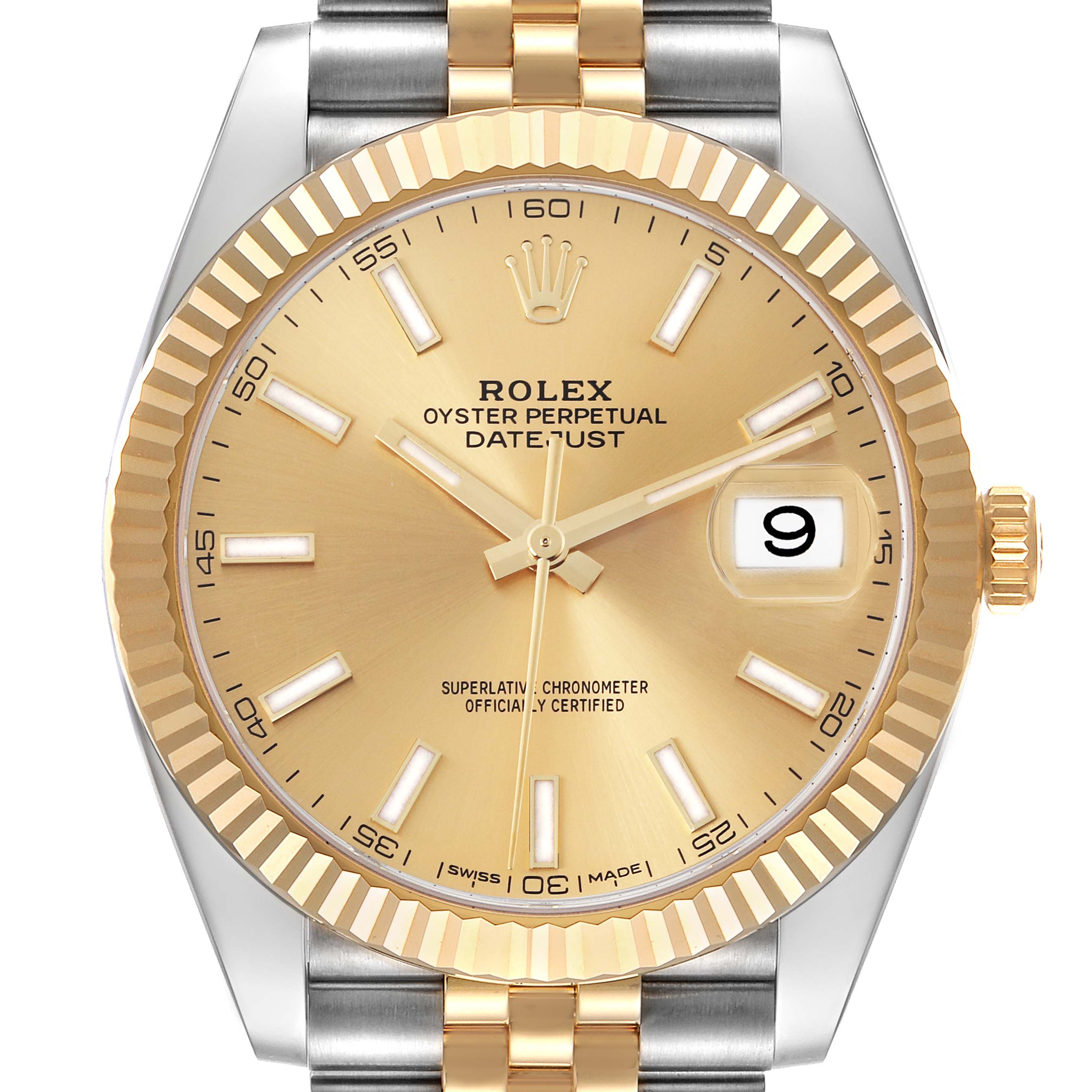 The Rolex Datejust 41 126333 Men's Steel and Gold (two tone) Champagne Dial 126333 Men's Steel and Gold (two tone) Champagne Dial is shown from a top view, displaying the bezel, dial, hands, date window, and part of the bracelet.