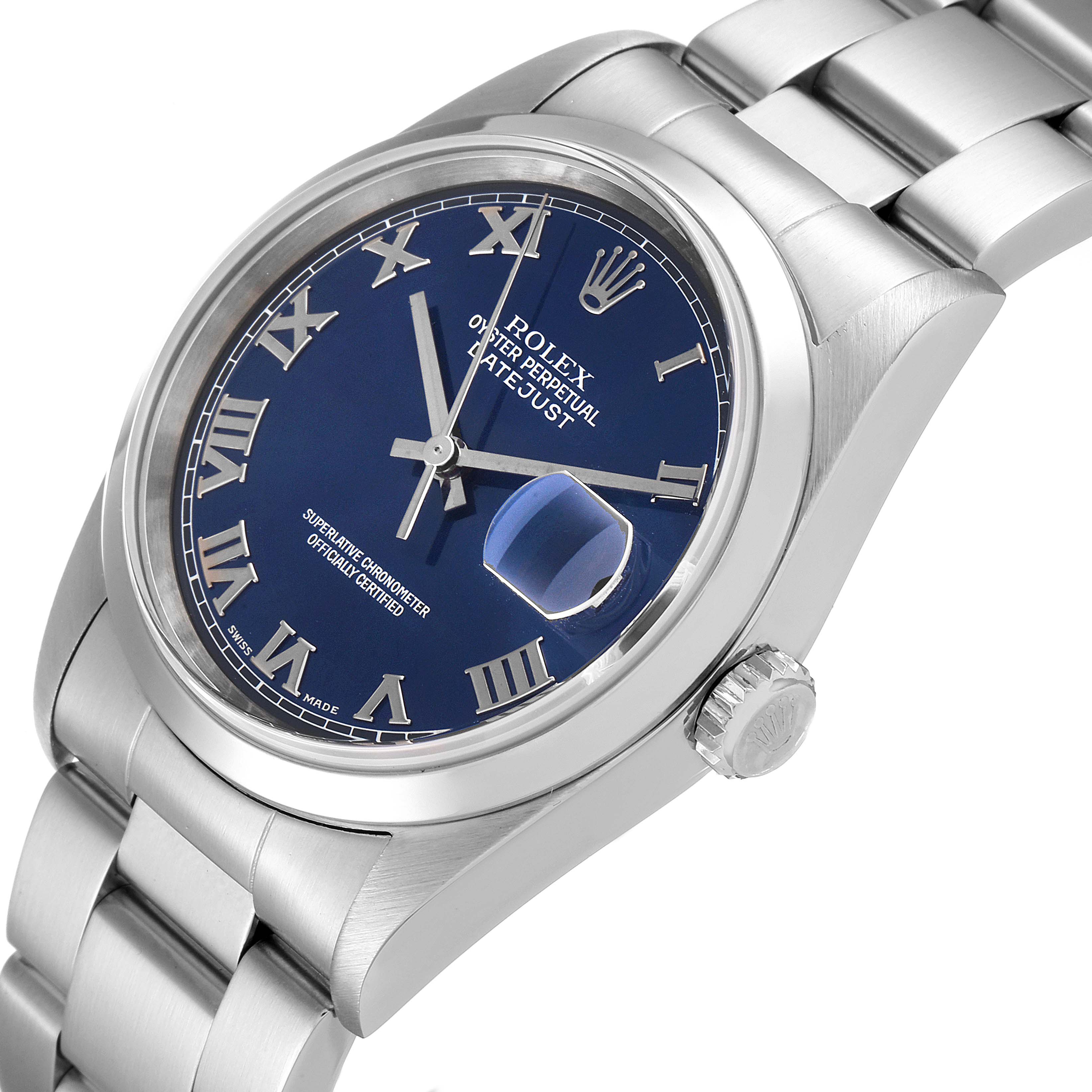 The image shows a Rolex Datejust 16200 Men
s Stainless Steel Blue Dial 16200 Men
s Stainless Steel Blue Dial watch at a slight angle, highlighting the dial, crown, and part of the bracelet.
