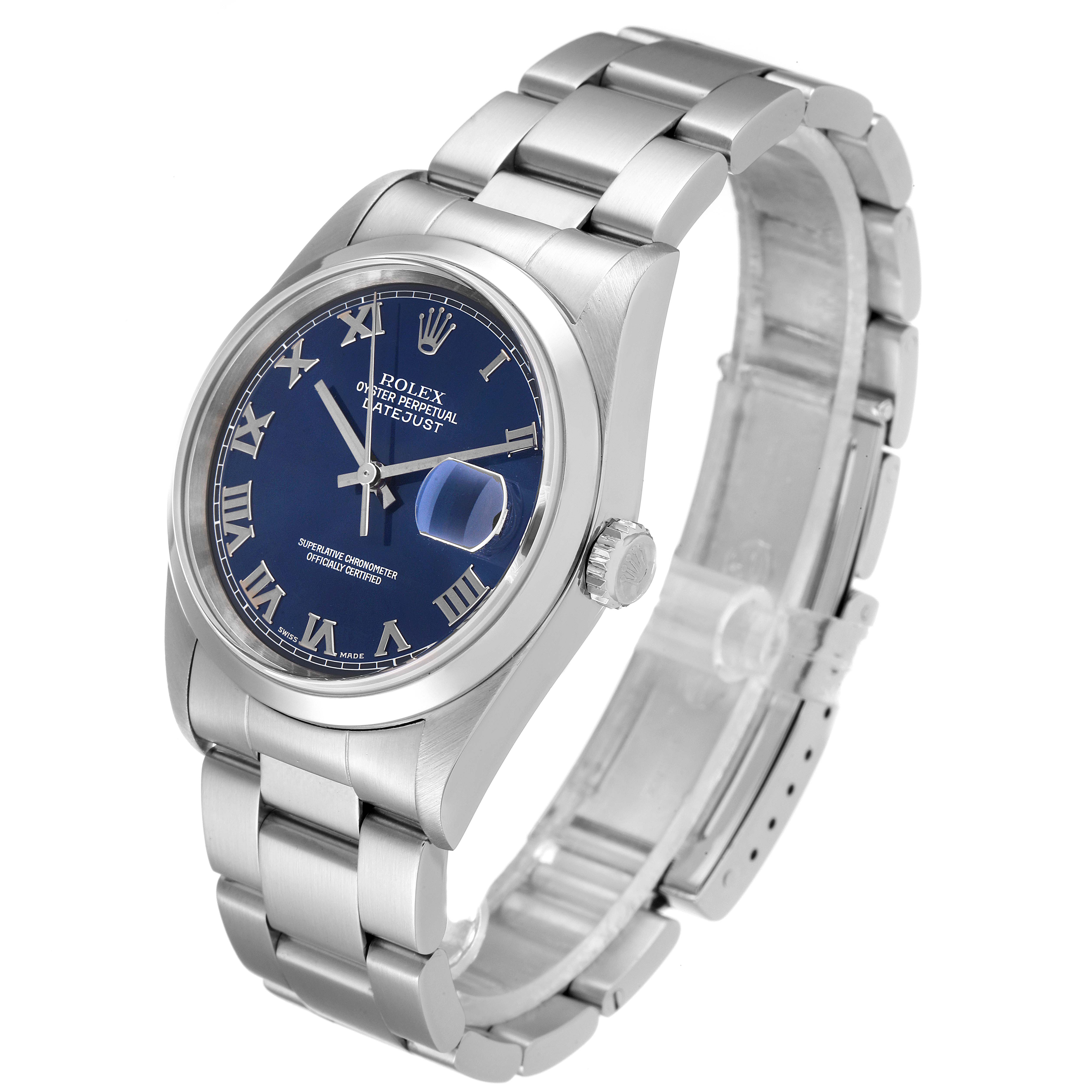 The image shows a side angle view of the Rolex Datejust 16200 Men
s Stainless Steel Blue Dial 16200 Men
s Stainless Steel Blue Dial watch, highlighting the bracelet, face, and crown.