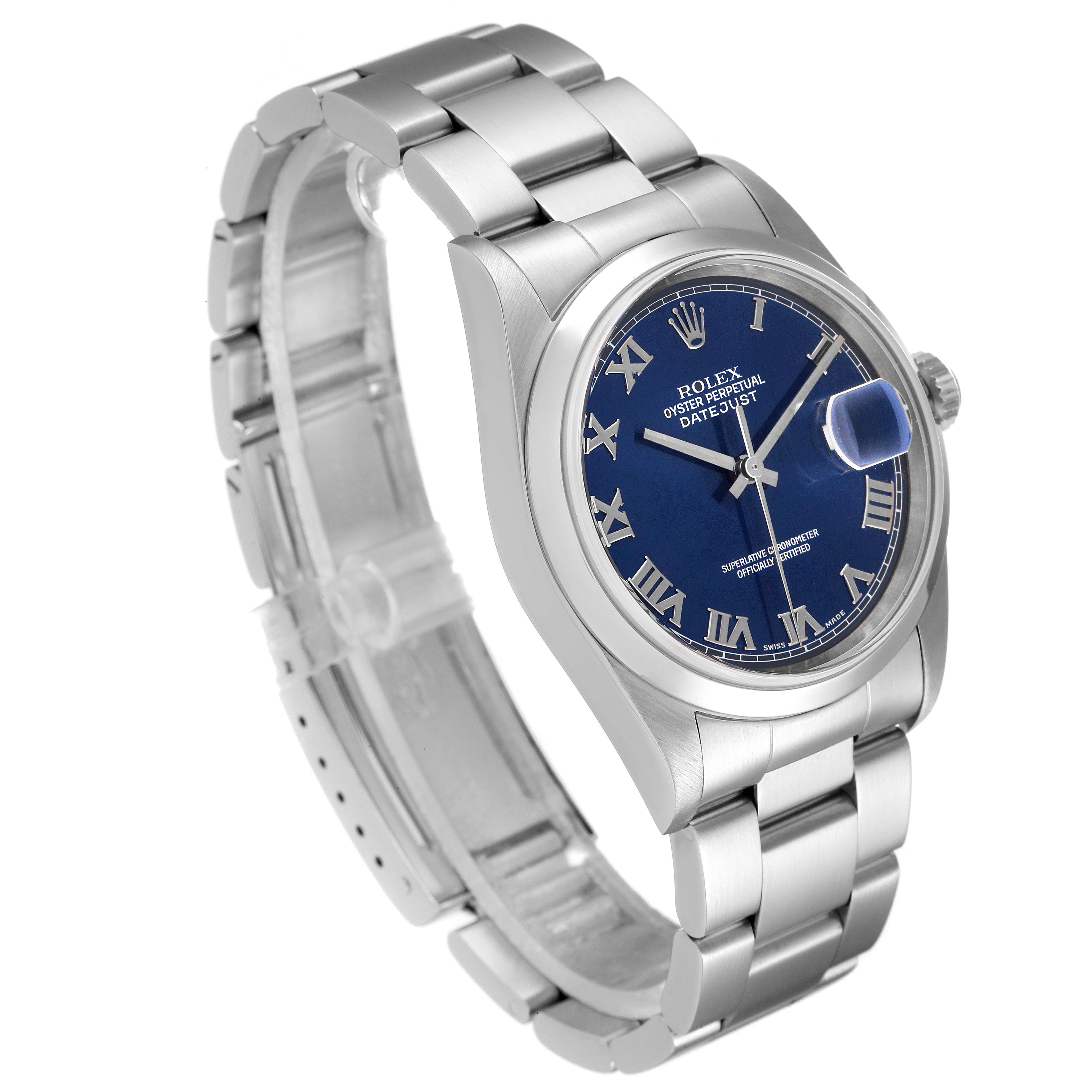 This image shows a Rolex Datejust 16200 Men
s Stainless Steel Blue Dial 16200 Men
s Stainless Steel Blue Dial watch from an angled view, highlighting the watch
s face, bezel, and bracelet.