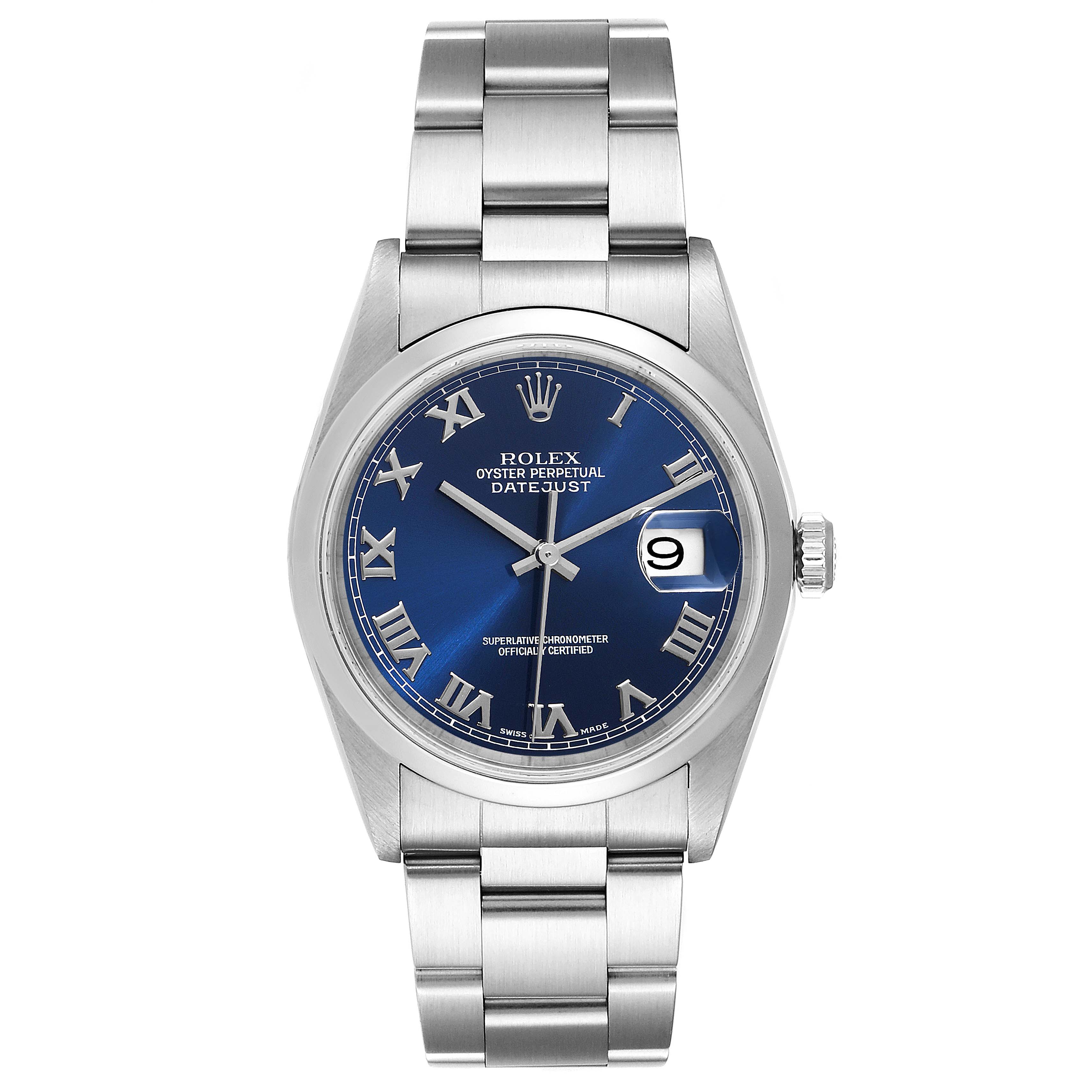 This is a front view of a Rolex Datejust 16200 Men
s Stainless Steel Blue Dial 16200 Men
s Stainless Steel Blue Dial watch showing its blue dial, Roman numerals, date window, and stainless steel bracelet.