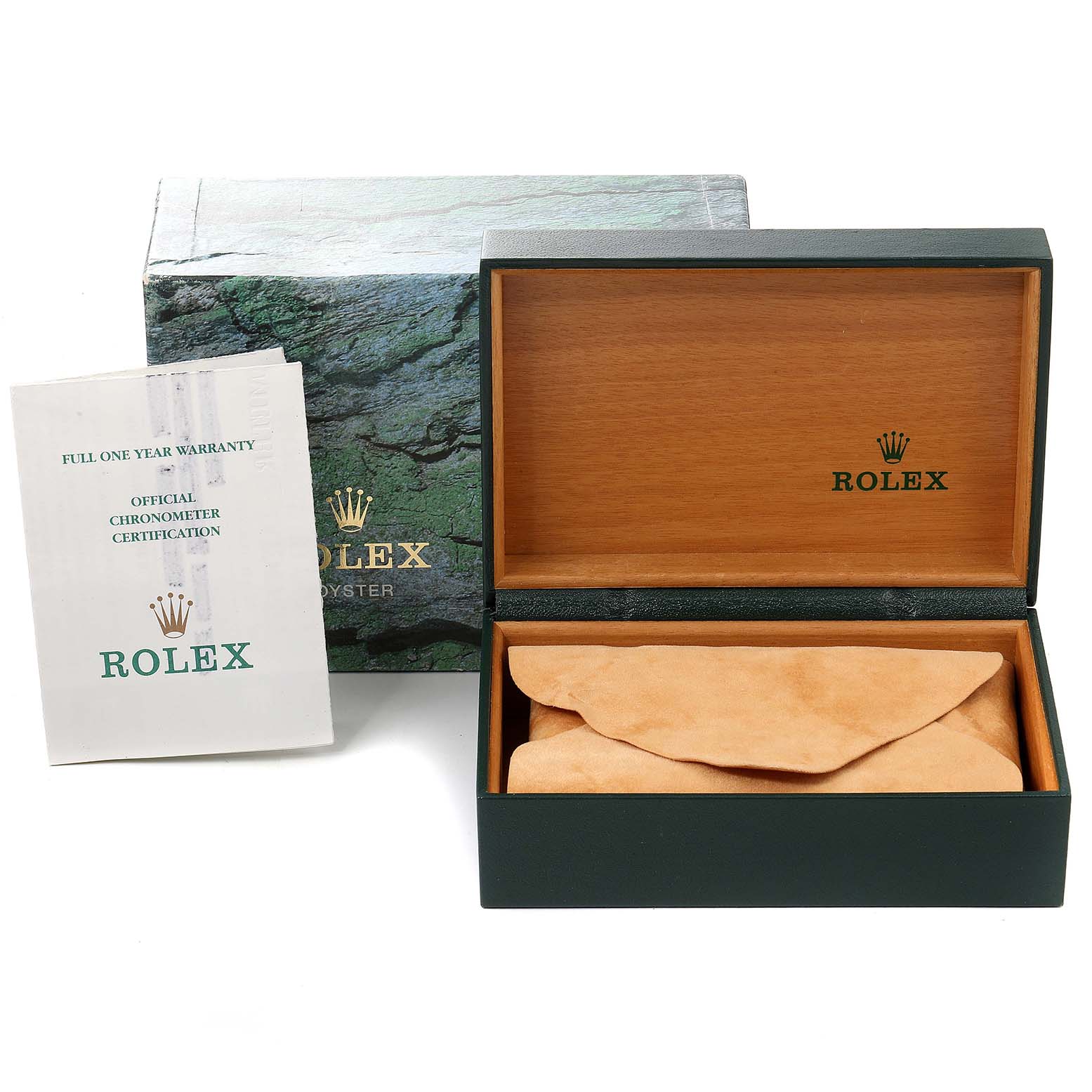 The image shows a Rolex Datejust 16200 Men
s Stainless Steel Blue Dial 16200 Men
s Stainless Steel Blue Dial watch packaging with an open green box, a leather pouch, and a certification booklet.