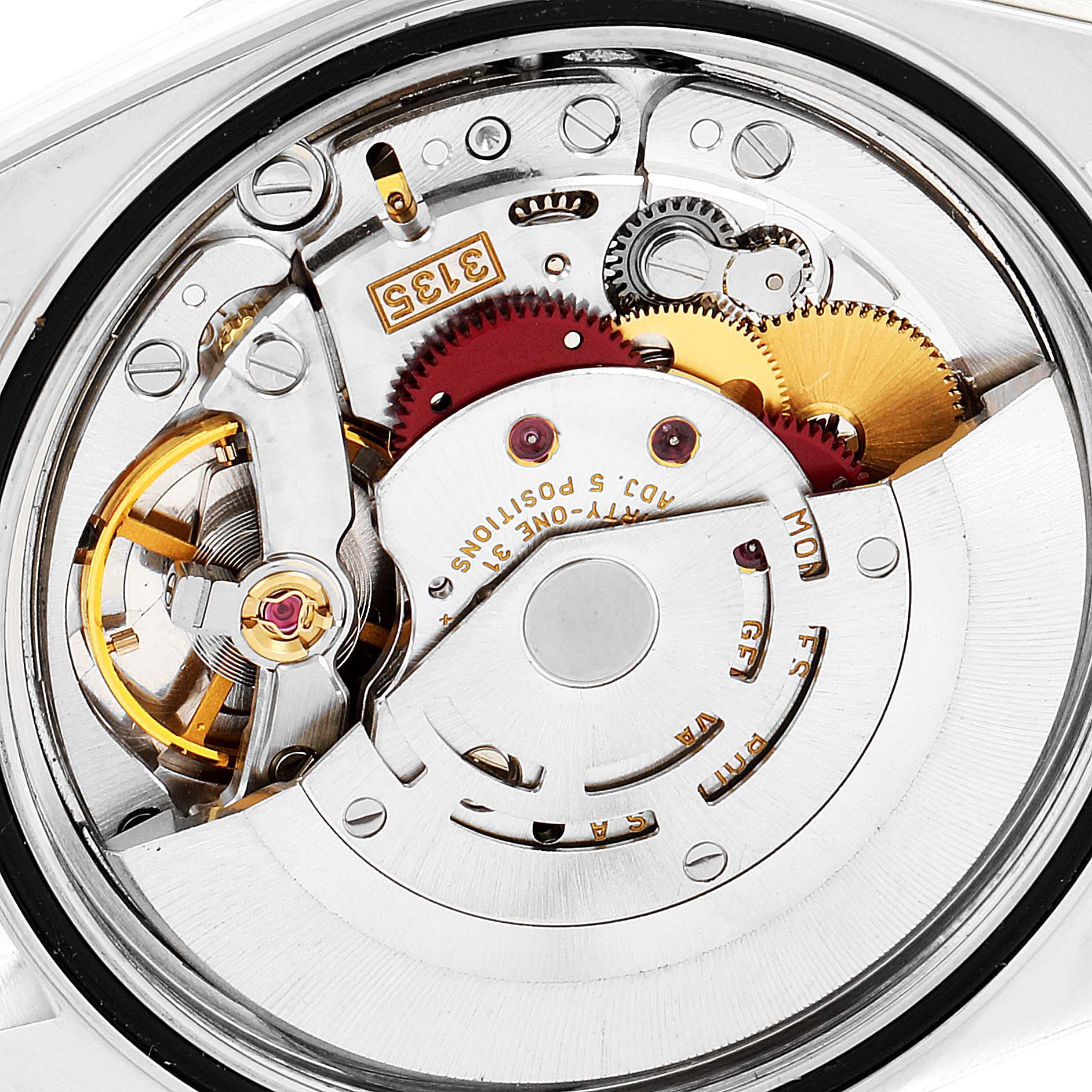 This image shows a close-up of the movement mechanism of a Rolex Datejust 16200 Men
s Stainless Steel Blue Dial 16200 Men
s Stainless Steel Blue Dial watch.