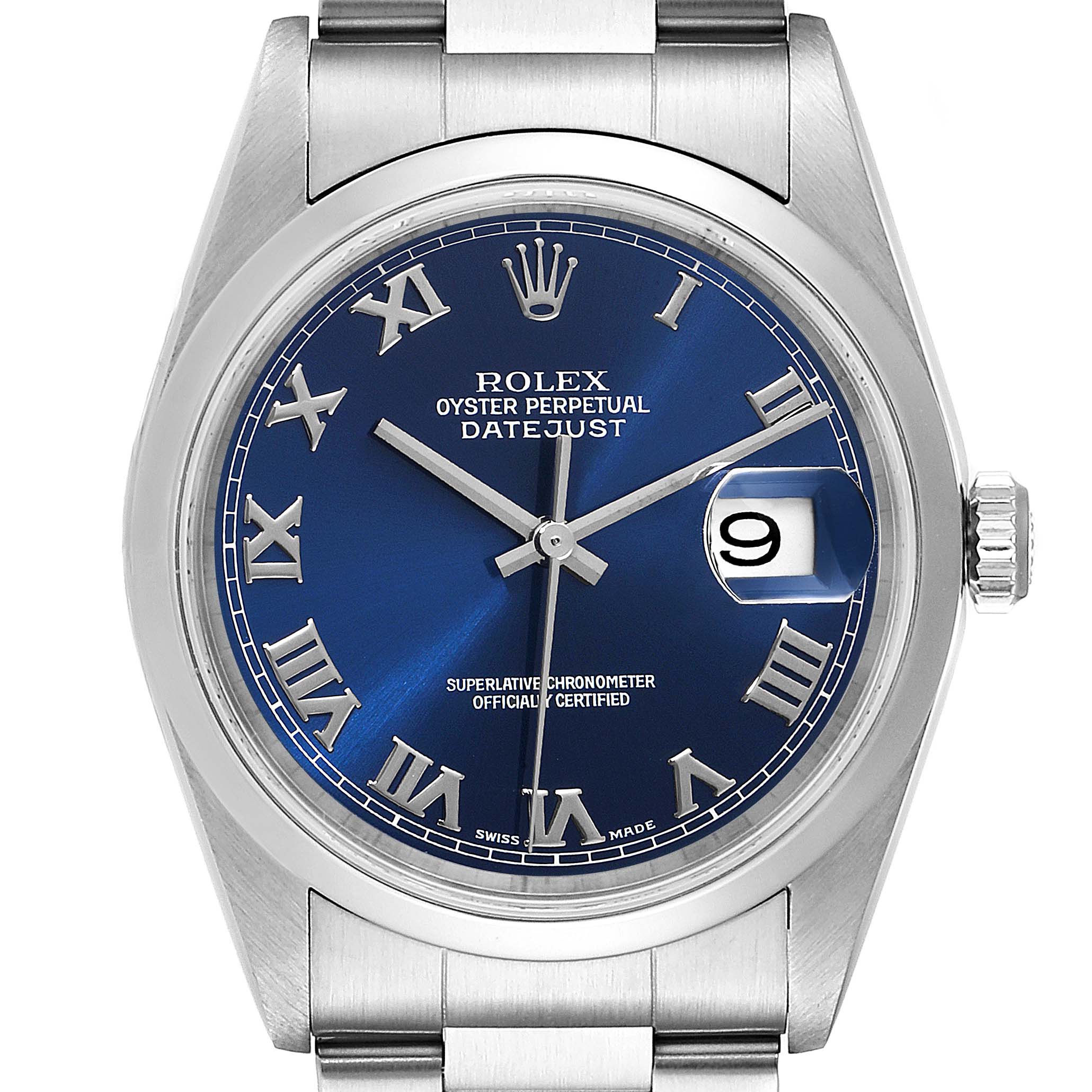 The image shows a frontal view of a Rolex Datejust 16200 Men
s Stainless Steel Blue Dial 16200 Men
s Stainless Steel Blue Dial watch, highlighting its blue dial, Roman numerals, and date window.