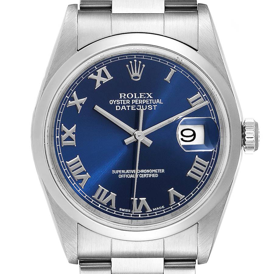 Rolex Datejust Blue Roman Dial Steel Mens Watch 16200 Box Papers SwissWatchExpo