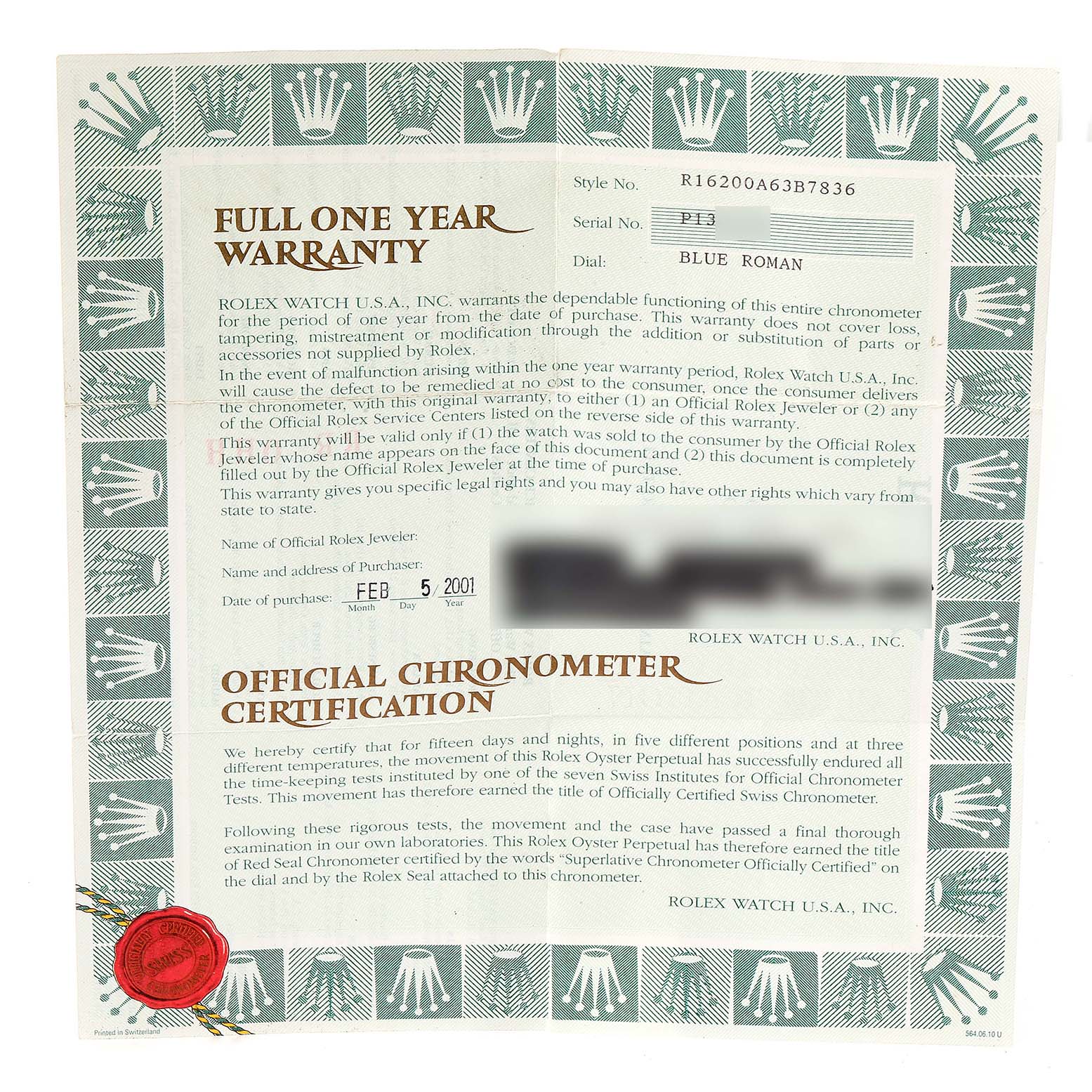 This image shows the warranty card for a Rolex Datejust 16200 Men
s Stainless Steel Blue Dial 16200 Men
s Stainless Steel Blue Dial watch, detailing the model, serial number, and purchase date.