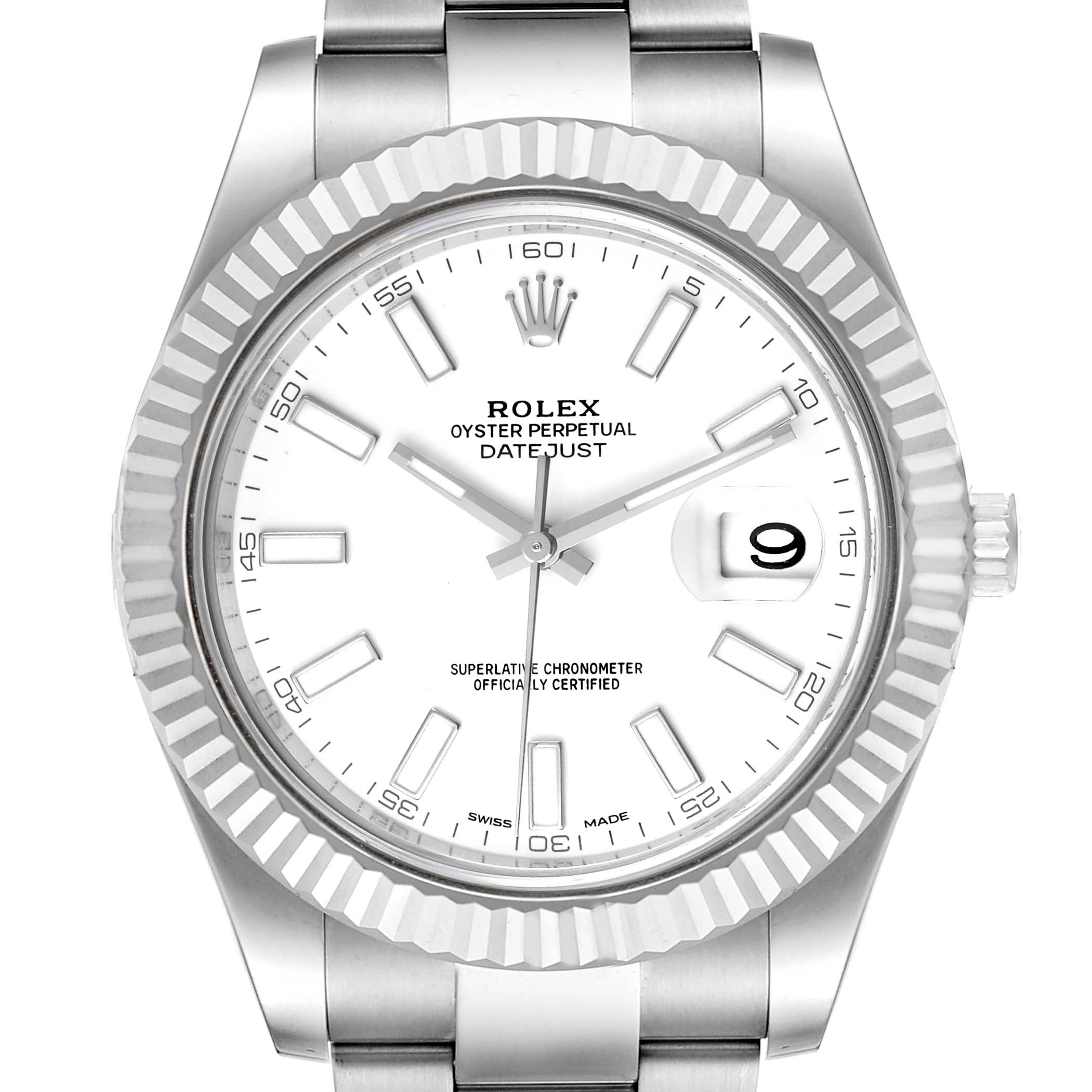 The Rolex Datejust 41 116334 Men's Stainless Steel White Dial 116334 Men's Stainless Steel White Dial is shown from a front angle, highlighting its dial, hands, bezel, and part of the bracelet.