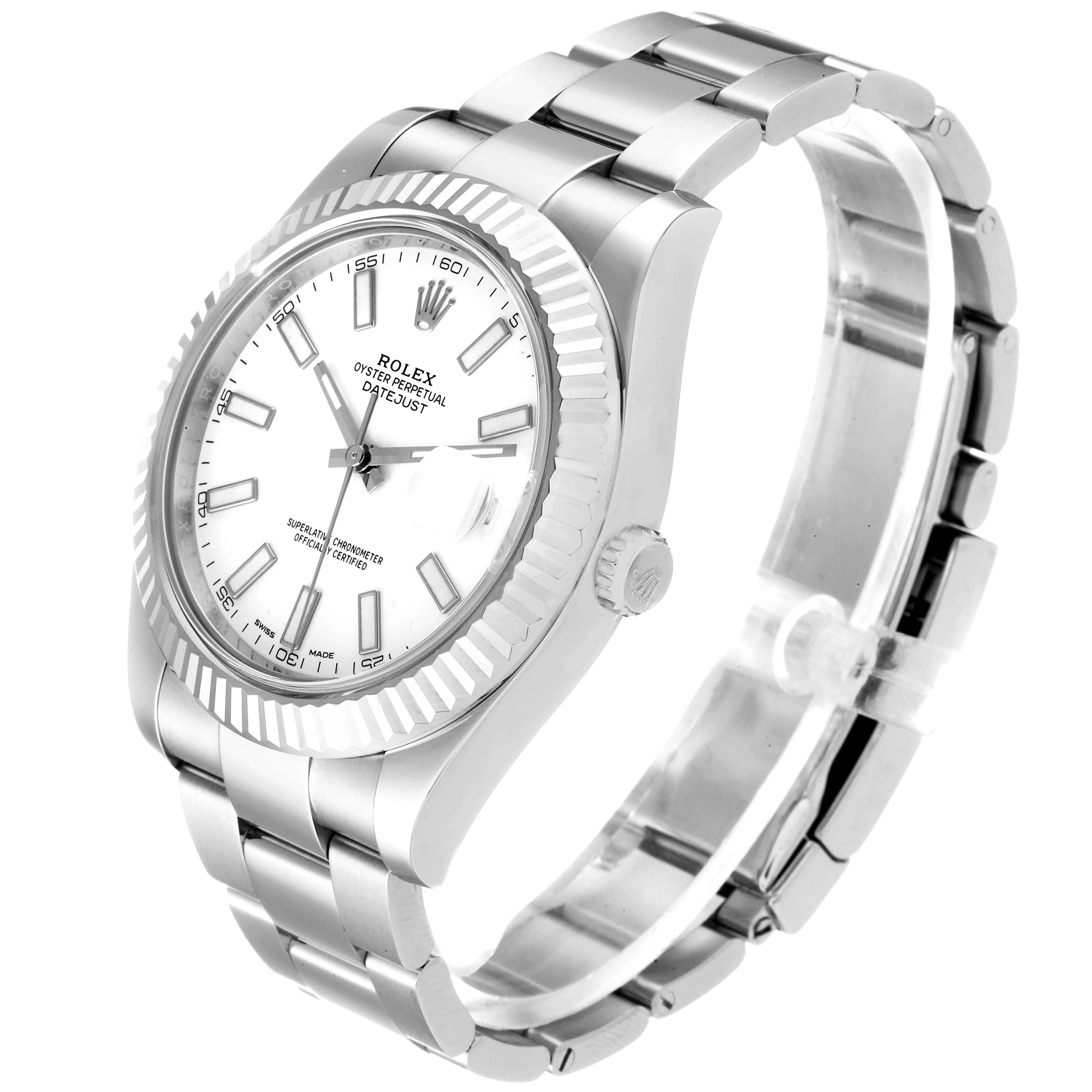 The image shows a side angle view of a Rolex Datejust 41 116334 Men's Stainless Steel White Dial 116334 Men's Stainless Steel White Dial watch, highlighting the band, dial, and bezel.
