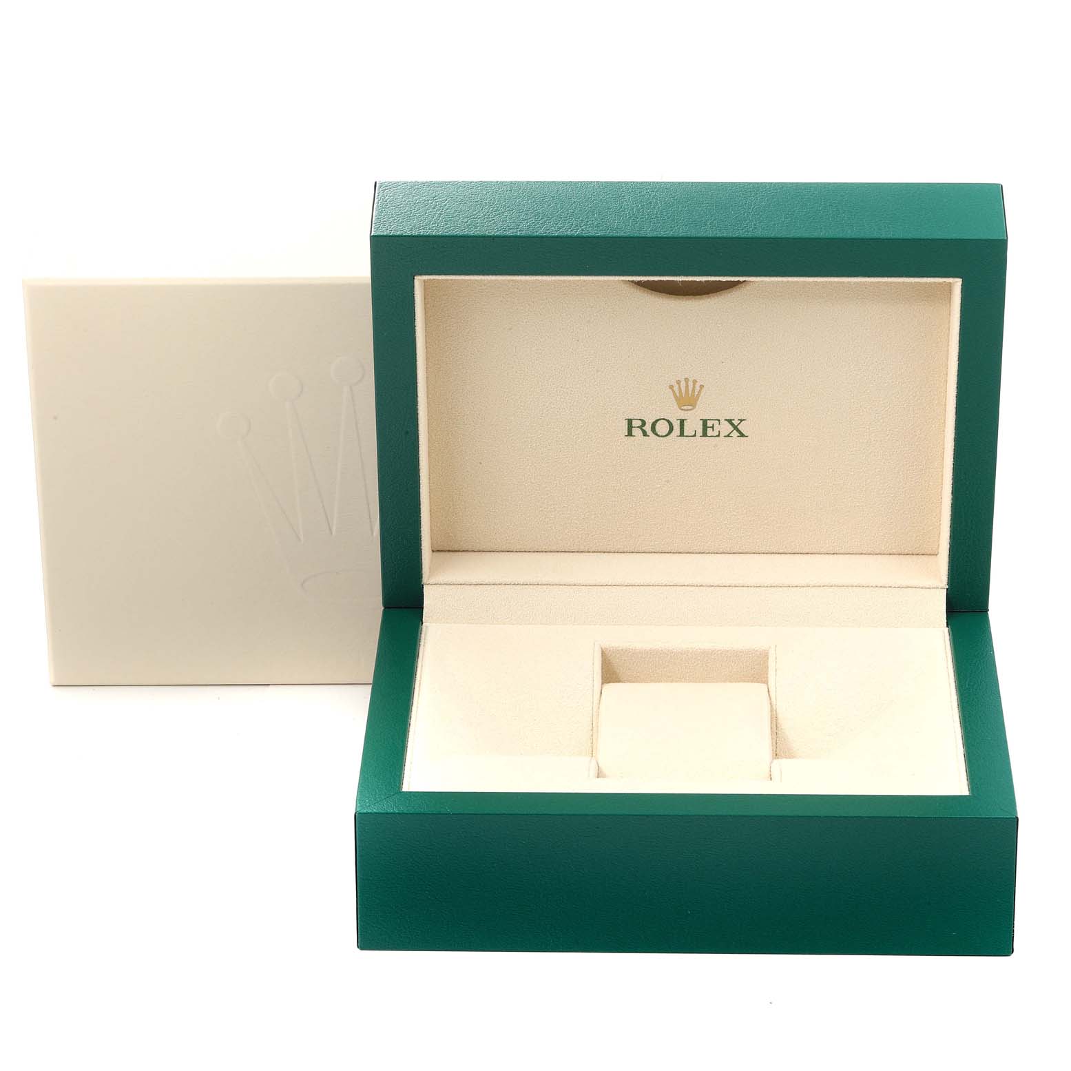 The image shows an open Rolex Datejust 41 116334 Men's Stainless Steel White Dial 116334 Men's Stainless Steel White Dial watch box and its cream-colored outer case, photographed from the front.