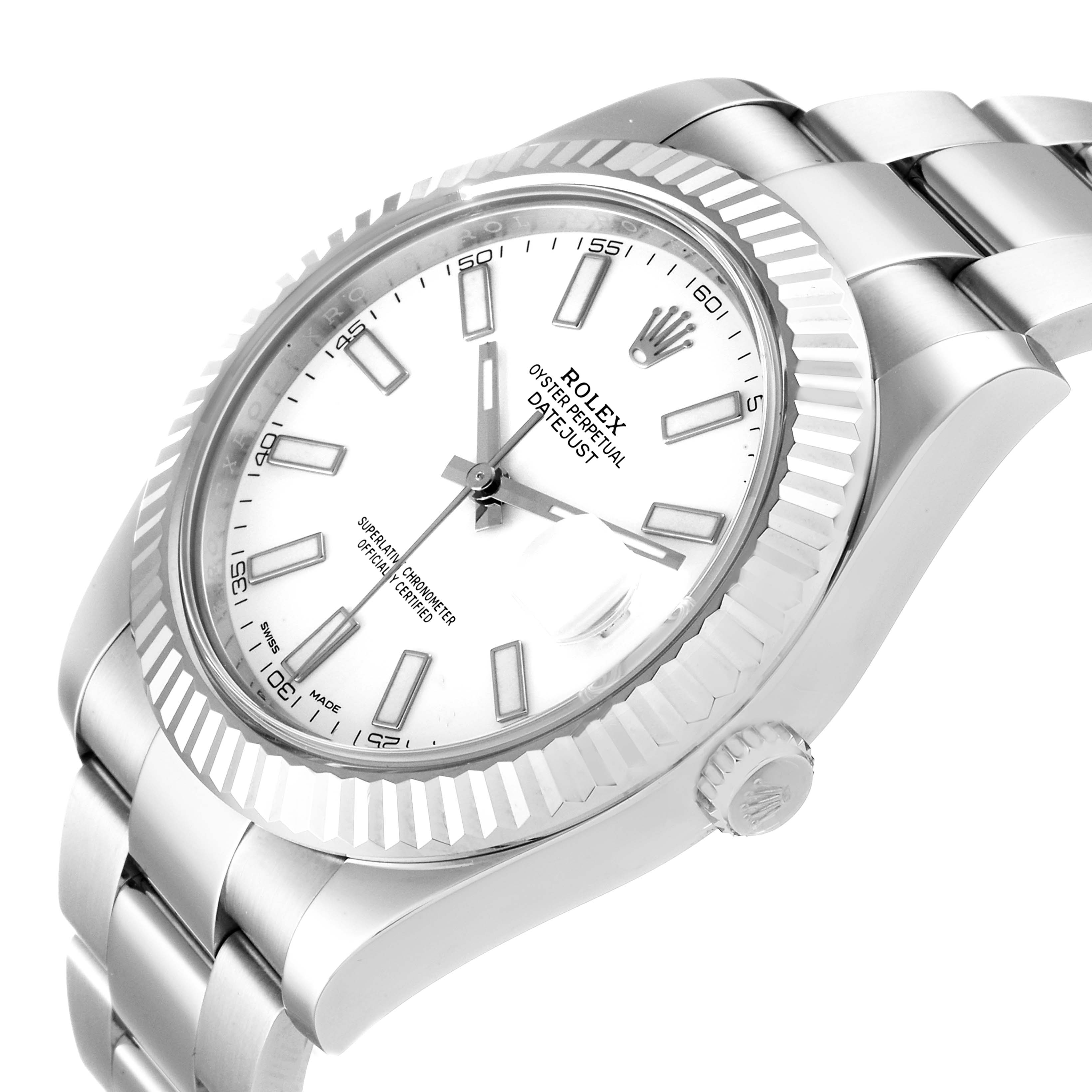 The image shows a Rolex Datejust 41 116334 Men's Stainless Steel White Dial 116334 Men's Stainless Steel White Dial model watch from a tilted angle, highlighting the dial, bezel, bracelet, and crown.