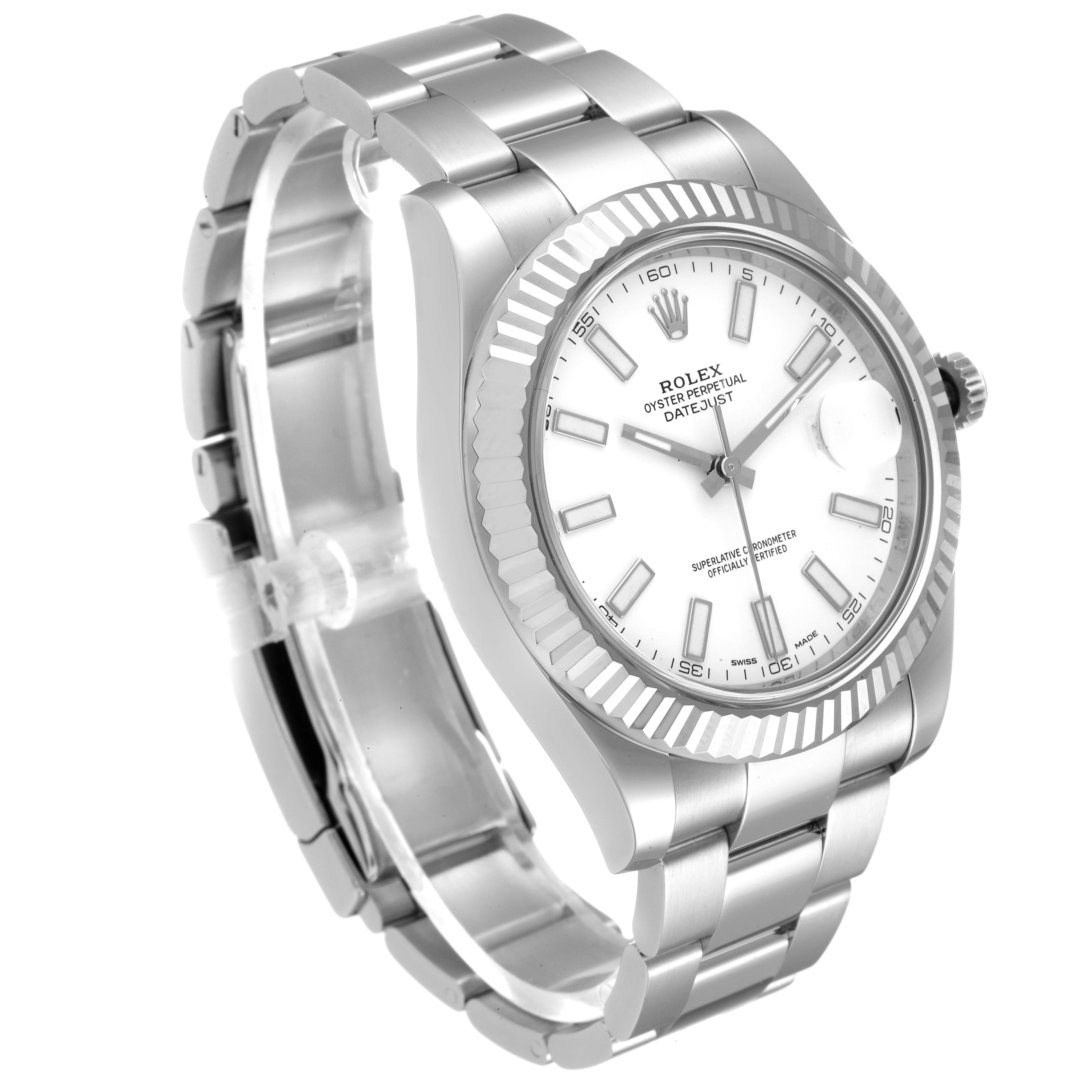 The image shows a Rolex Datejust 41 116334 Men's Stainless Steel White Dial 116334 Men's Stainless Steel White Dial watch from an angled side view, highlighting the face, bezel, bracelet, and crown.