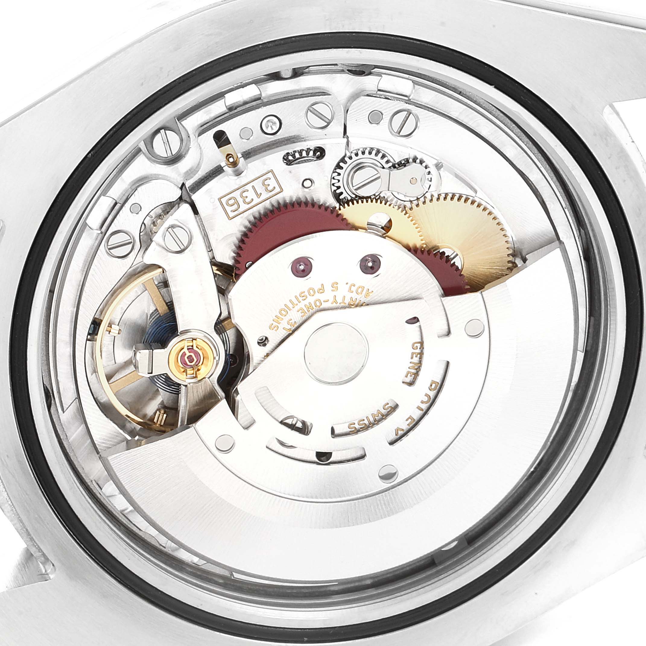 This image shows the inner movement mechanism of a Rolex Datejust 41 116334 Men's Stainless Steel White Dial 116334 Men's Stainless Steel White Dial model from a close-up view.
