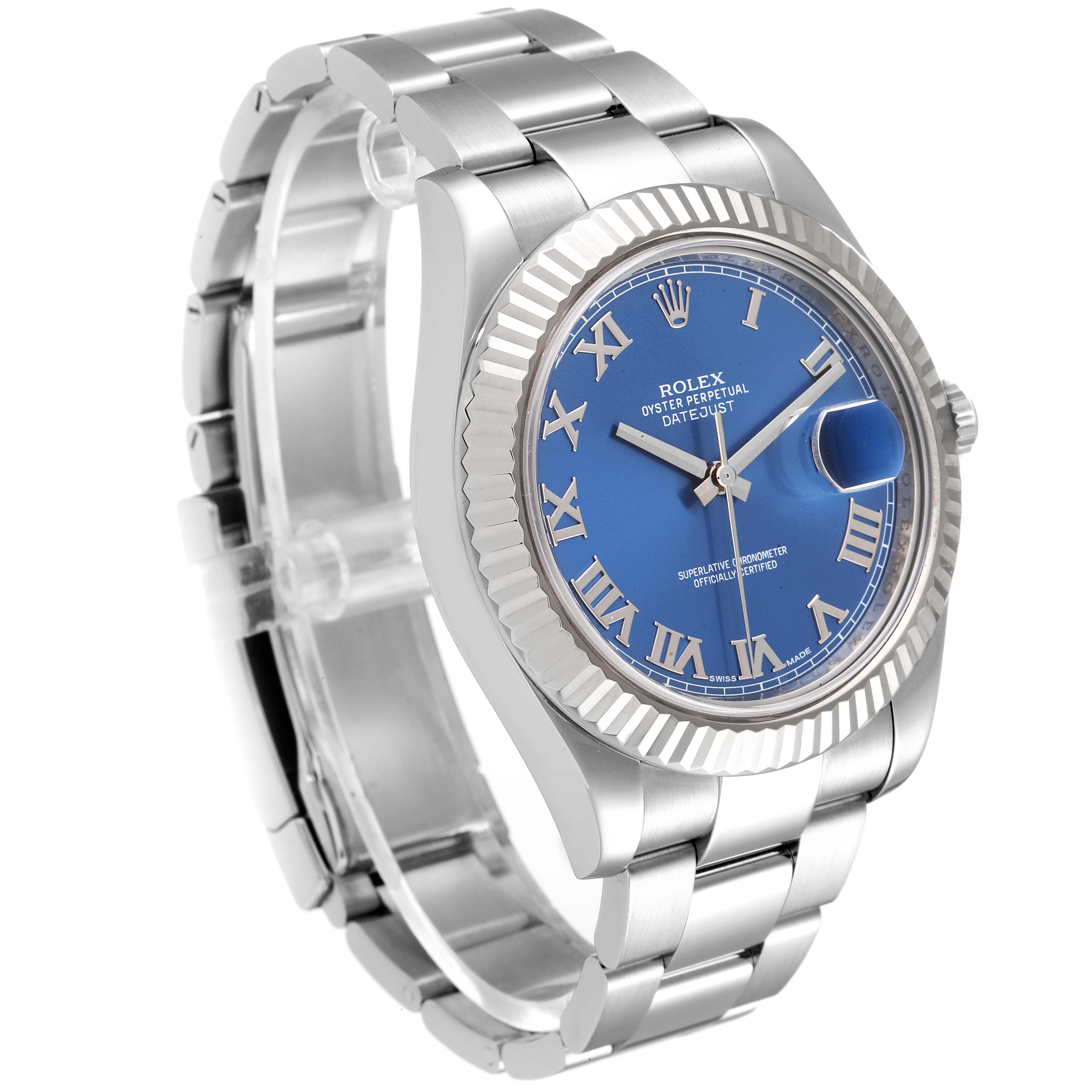 The image shows a Rolex Datejust 41 116334 Men's Stainless Steel Blue Dial 116334 Men's Stainless Steel Blue Dial watch with a blue dial, Roman numerals, and an Oyster bracelet at a slight side angle.