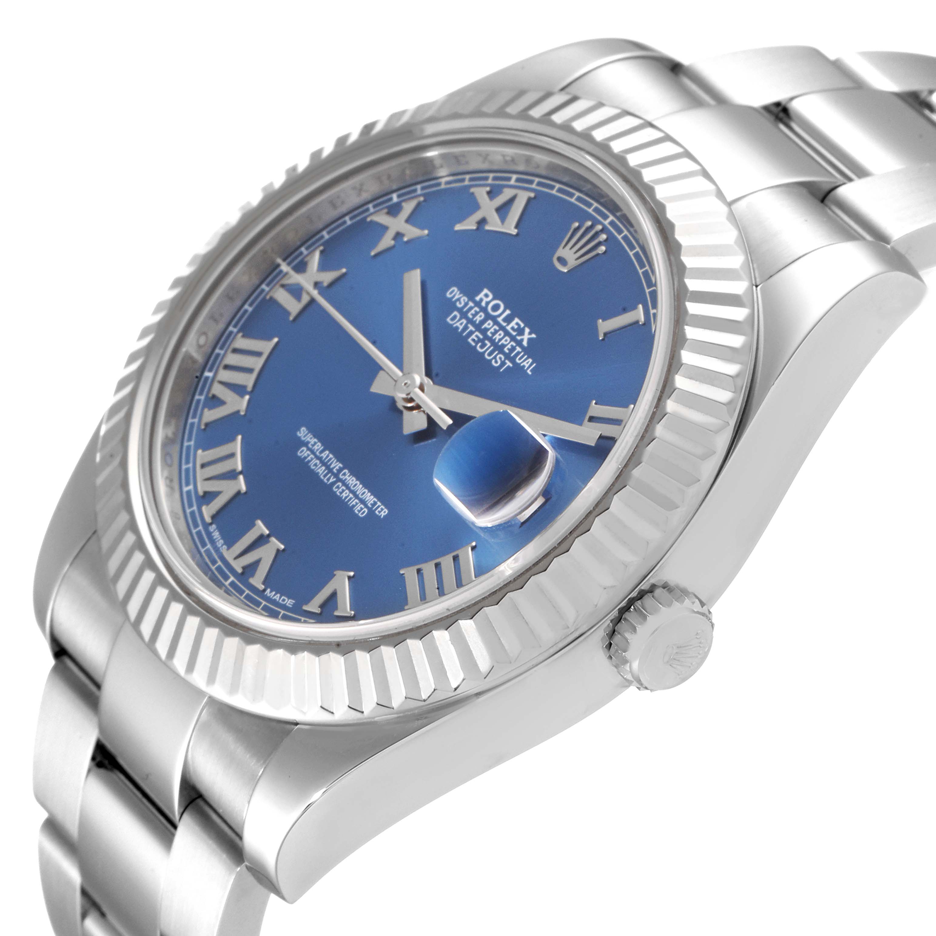 The image shows a side angle of the Rolex Datejust 41 116334 Men's Stainless Steel Blue Dial 116334 Men's Stainless Steel Blue Dial, displaying its blue dial, bezel, crown, and part of the bracelet.