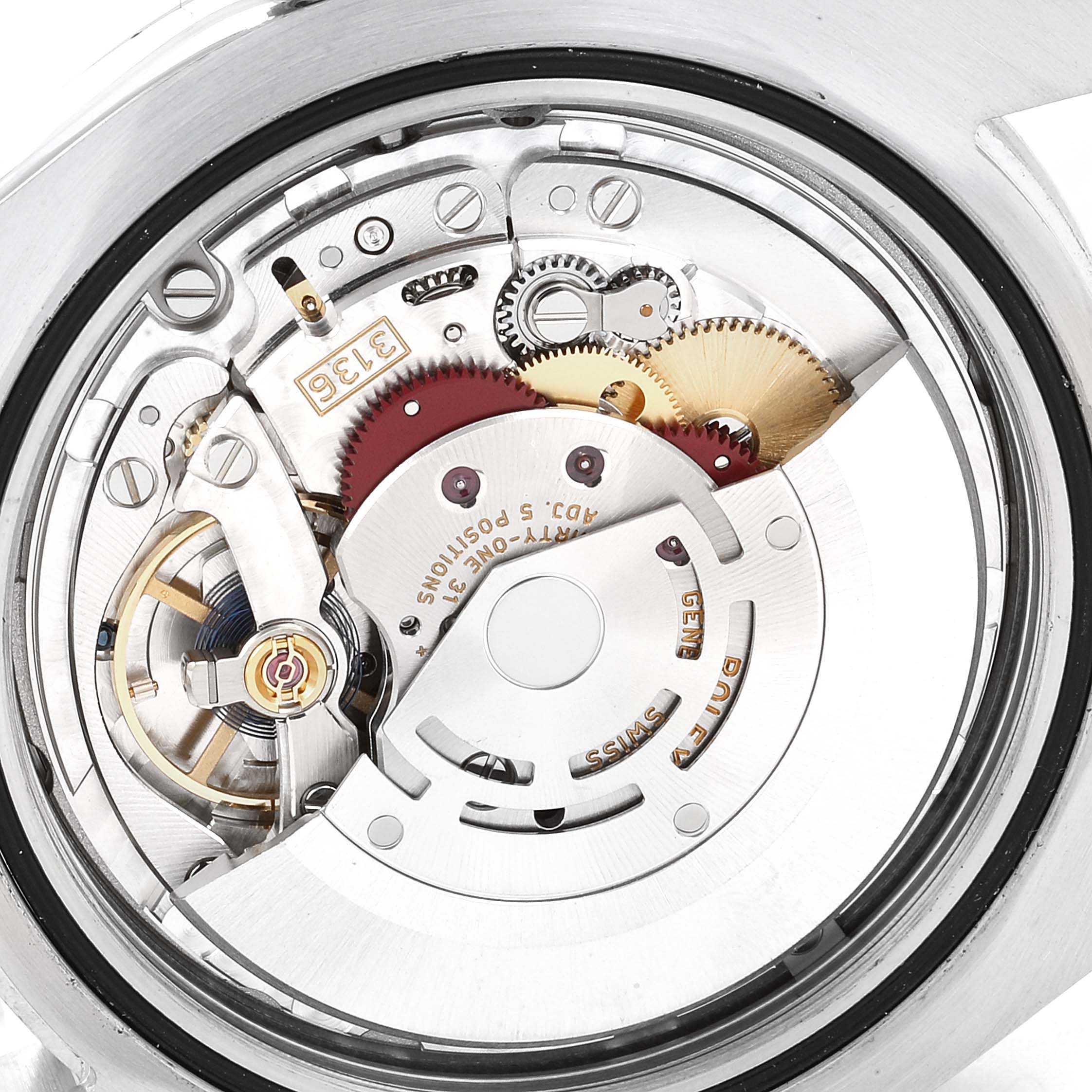 This image shows the mechanical movement and inner workings of a Rolex Datejust 41 116334 Men's Stainless Steel Blue Dial 116334 Men's Stainless Steel Blue Dial watch from a top-down view.