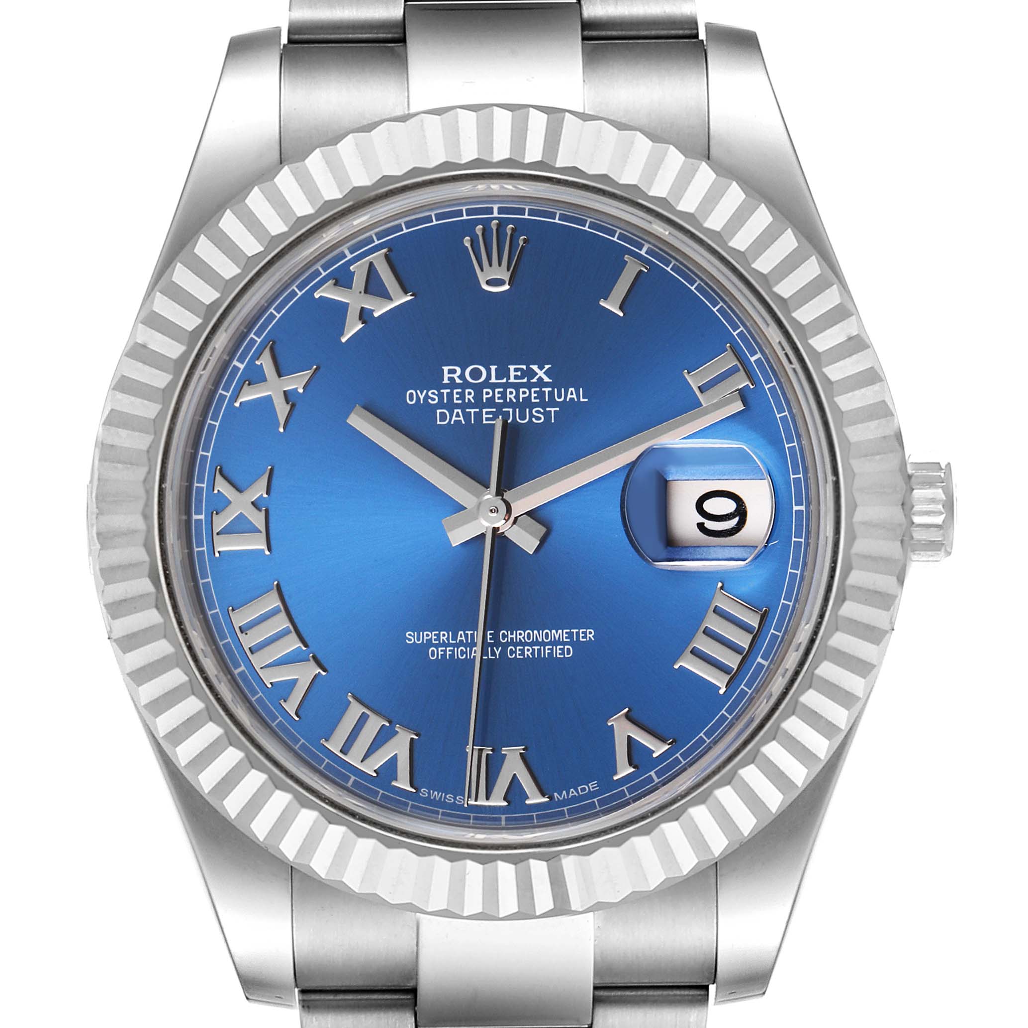 The image shows a front view of the Rolex Datejust 41 116334 Men's Stainless Steel Blue Dial 116334 Men's Stainless Steel Blue Dial watch, showcasing its blue dial, Roman numerals, and fluted bezel.