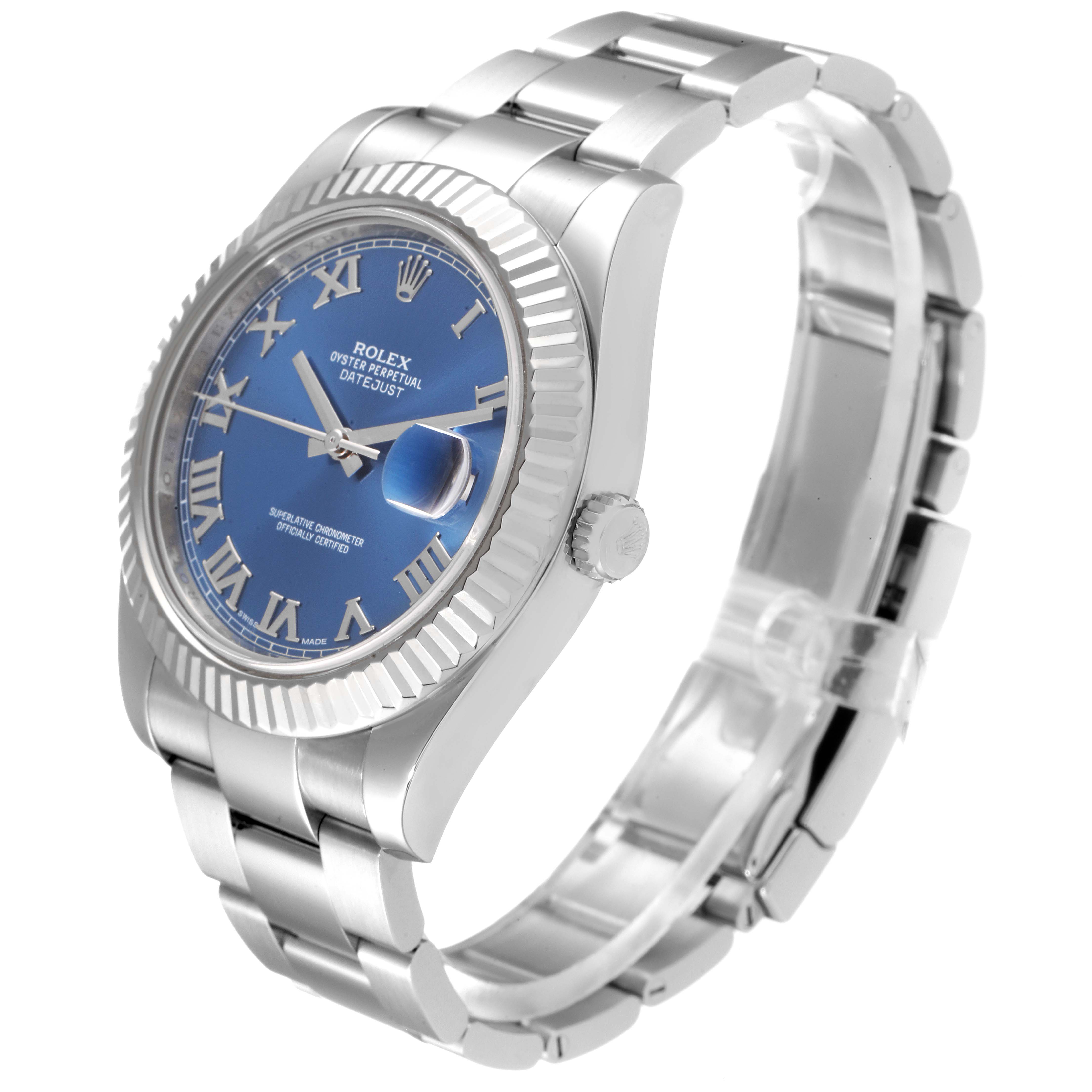 The Rolex Datejust 41 116334 Men's Stainless Steel Blue Dial 116334 Men's Stainless Steel Blue Dial watch is shown at a three-quarter angle, highlighting its blue dial, fluted bezel, and metal bracelet.
