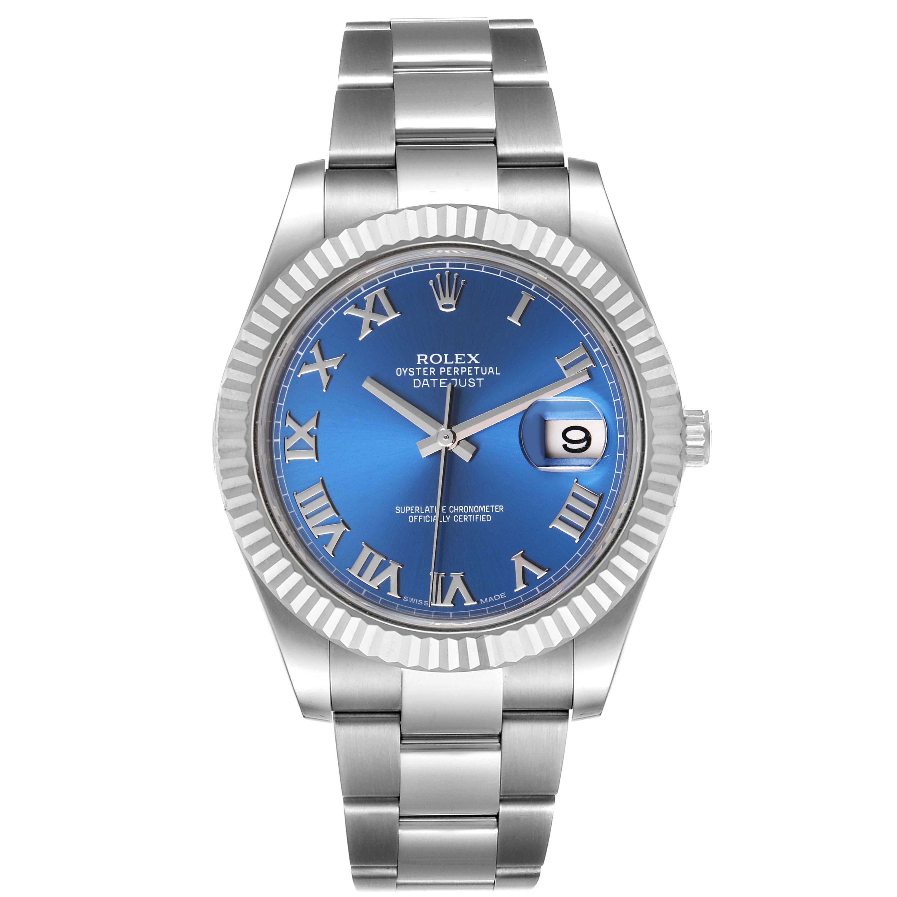The Rolex Datejust 41 116334 Men's Stainless Steel Blue Dial 116334 Men's Stainless Steel Blue Dial watch is shown from a front angle, highlighting its blue dial, Roman numerals, fluted bezel, and metal bracelet.