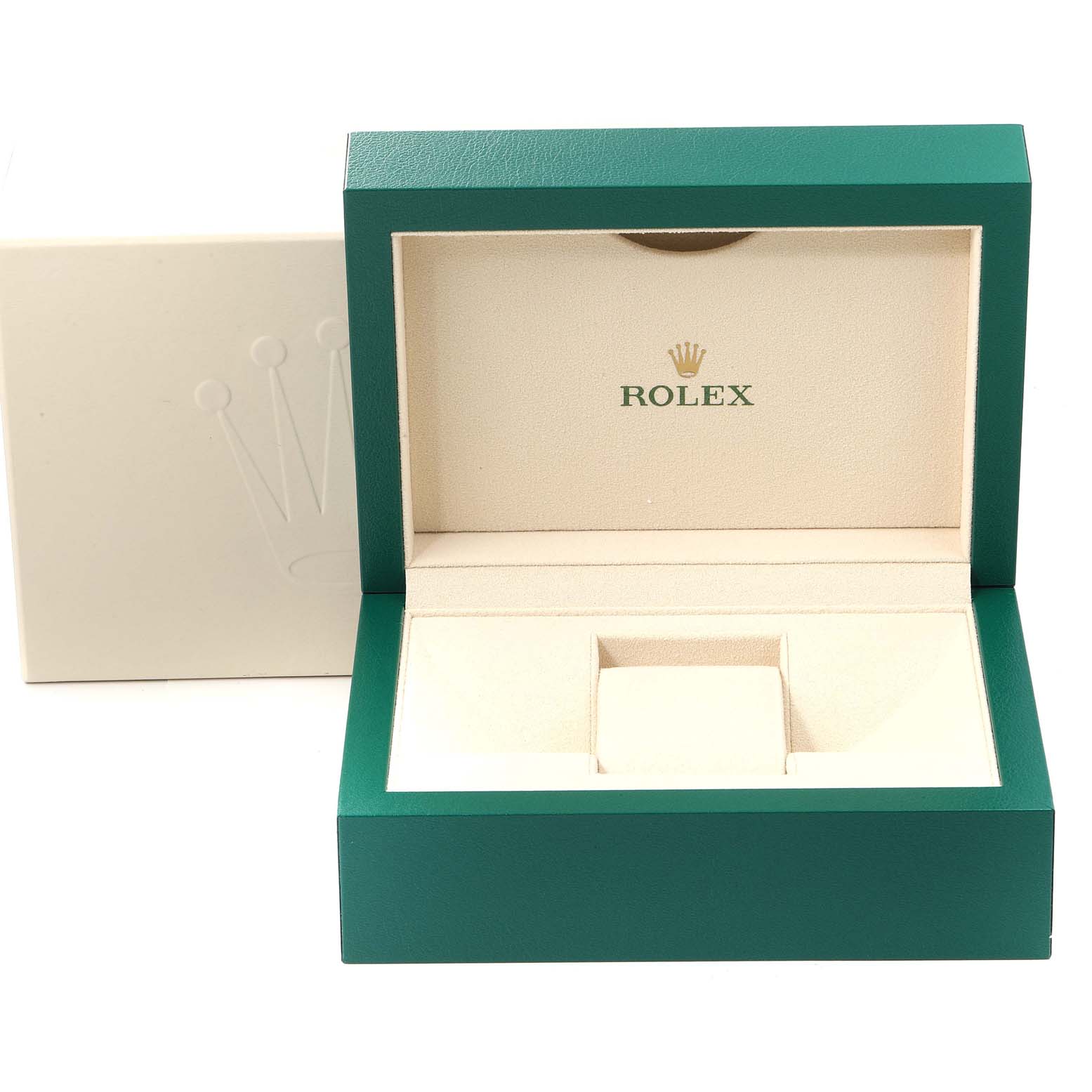 The image shows an open Rolex Datejust 41 116334 Men's Stainless Steel Blue Dial 116334 Men's Stainless Steel Blue Dial watch box, highlighting its green exterior and cream interior.