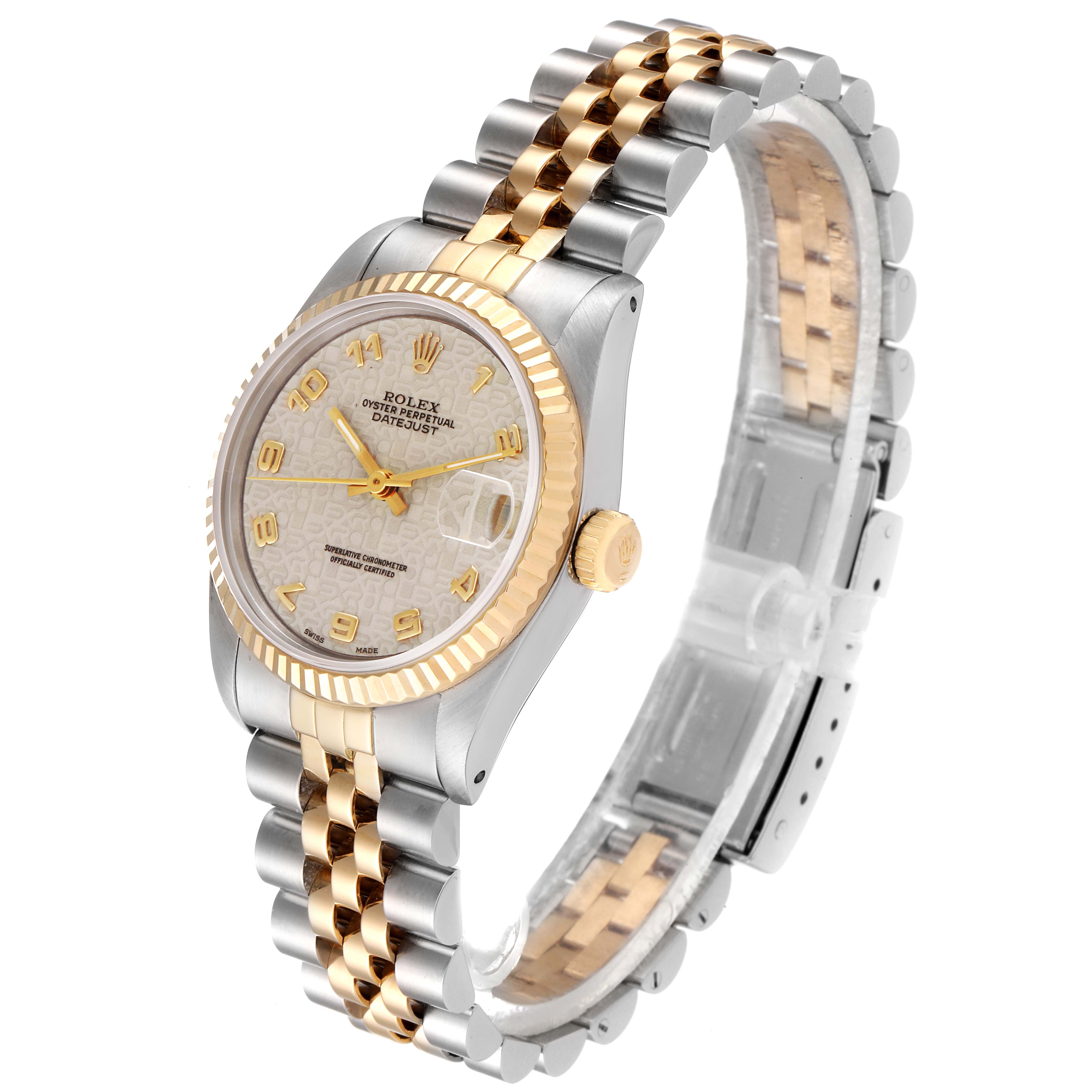 The image shows a Rolex Mid-Size 68273 Women's Steel and Gold (two tone) Beige Dial 68273 Women's Steel and Gold (two tone) Beige Dial Datejust watch from a three-quarters angle, highlighting the dial, bezel, and two-tone bracelet.