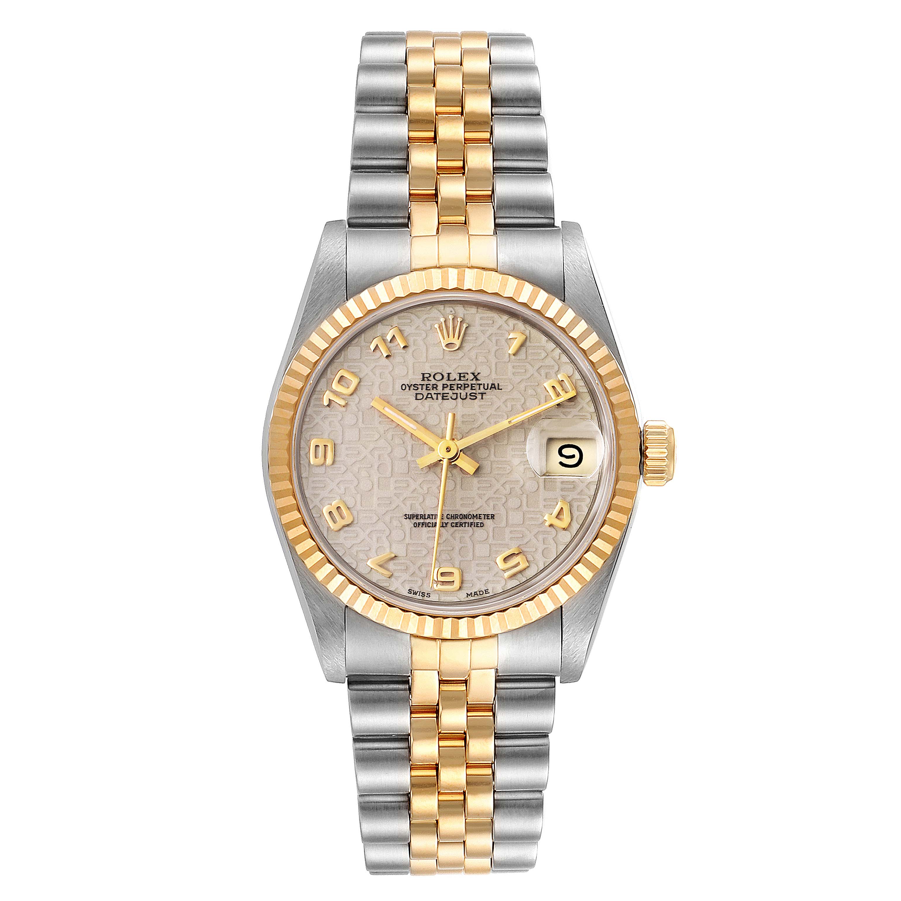 The image shows a front view of a Rolex Oyster Perpetual Datejust Mid-Size watch, featuring a gold and silver bracelet and bezel.
