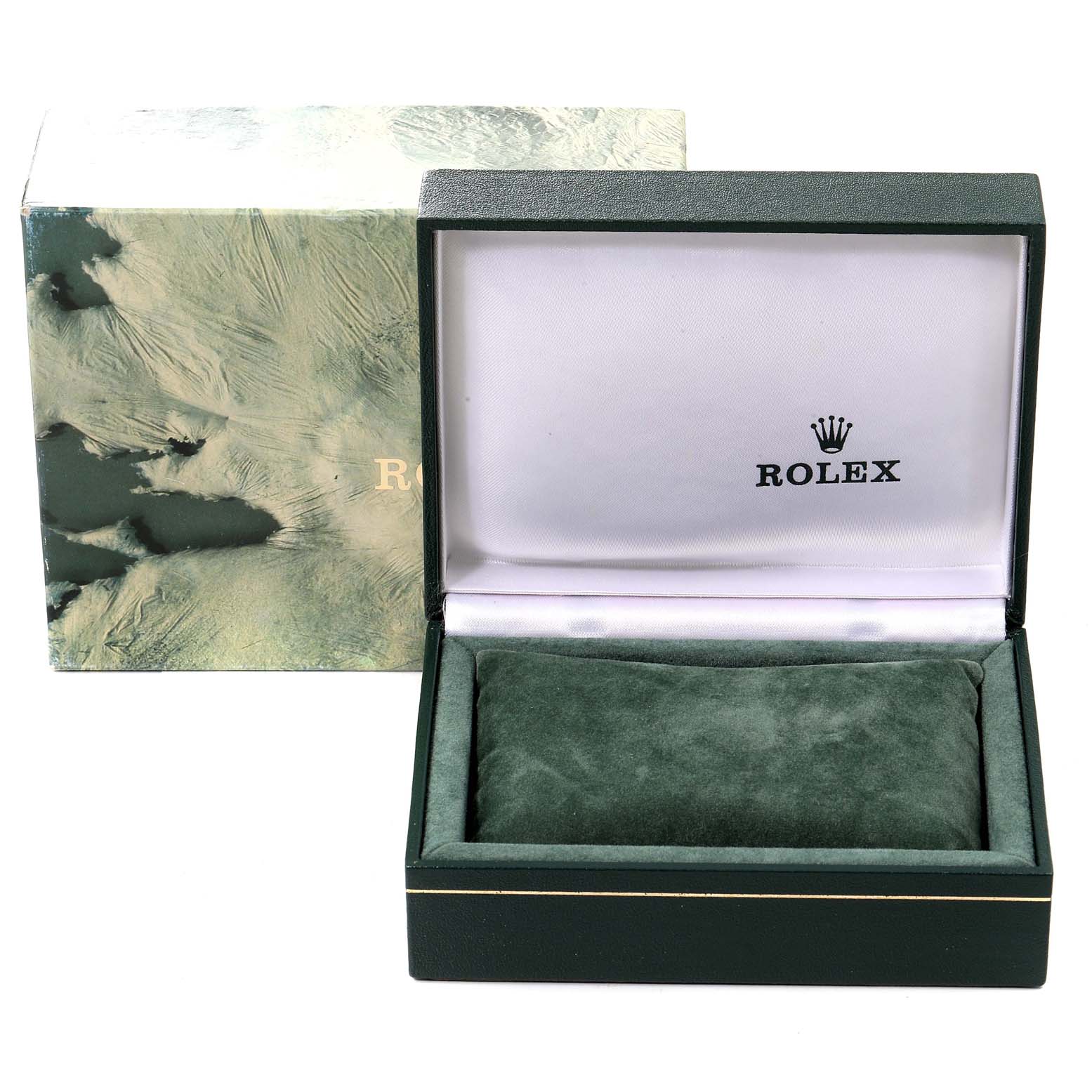 The image shows an open Rolex watch box, including the outer and inner boxes, but does not show the Mid-Size model watch itself.