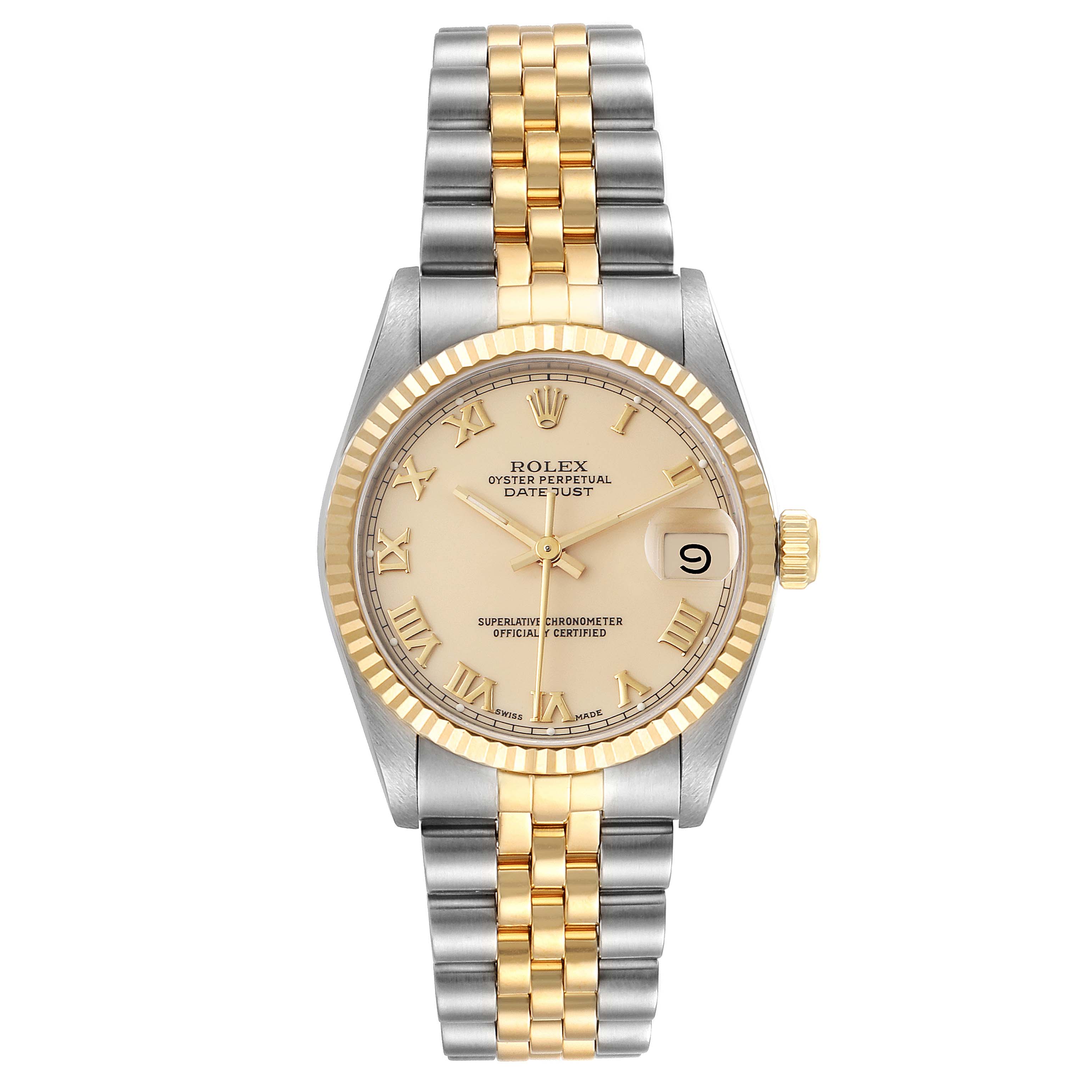 The image shows a front view of a Rolex Mid-Size 68273 Women's Steel and Gold (two tone) Beige Dial 68273 Women's Steel and Gold (two tone) Beige Dial Oyster Perpetual Datejust watch with a two-tone bracelet and date display.