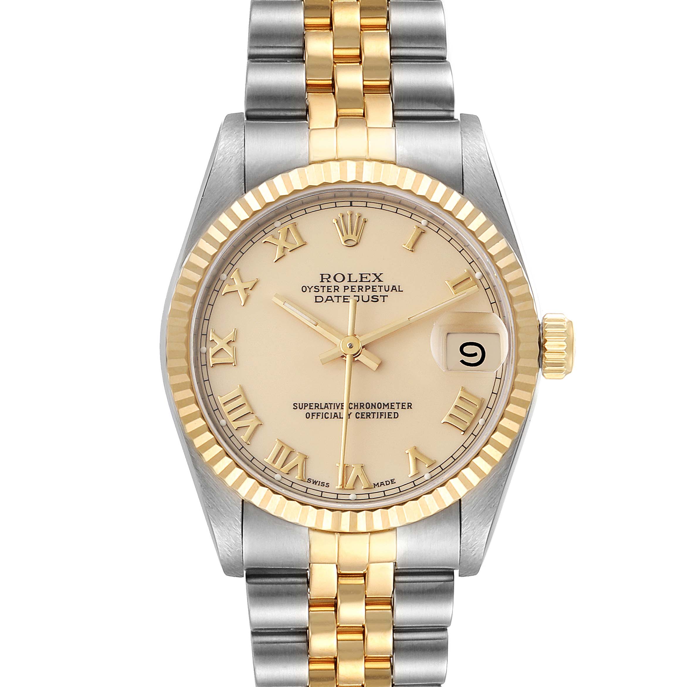 This image shows a front view of a Rolex Mid-Size 68273 Women's Steel and Gold (two tone) Beige Dial 68273 Women's Steel and Gold (two tone) Beige Dial Datejust watch, highlighting the two-tone bracelet, fluted bezel, and Roman numeral dial.