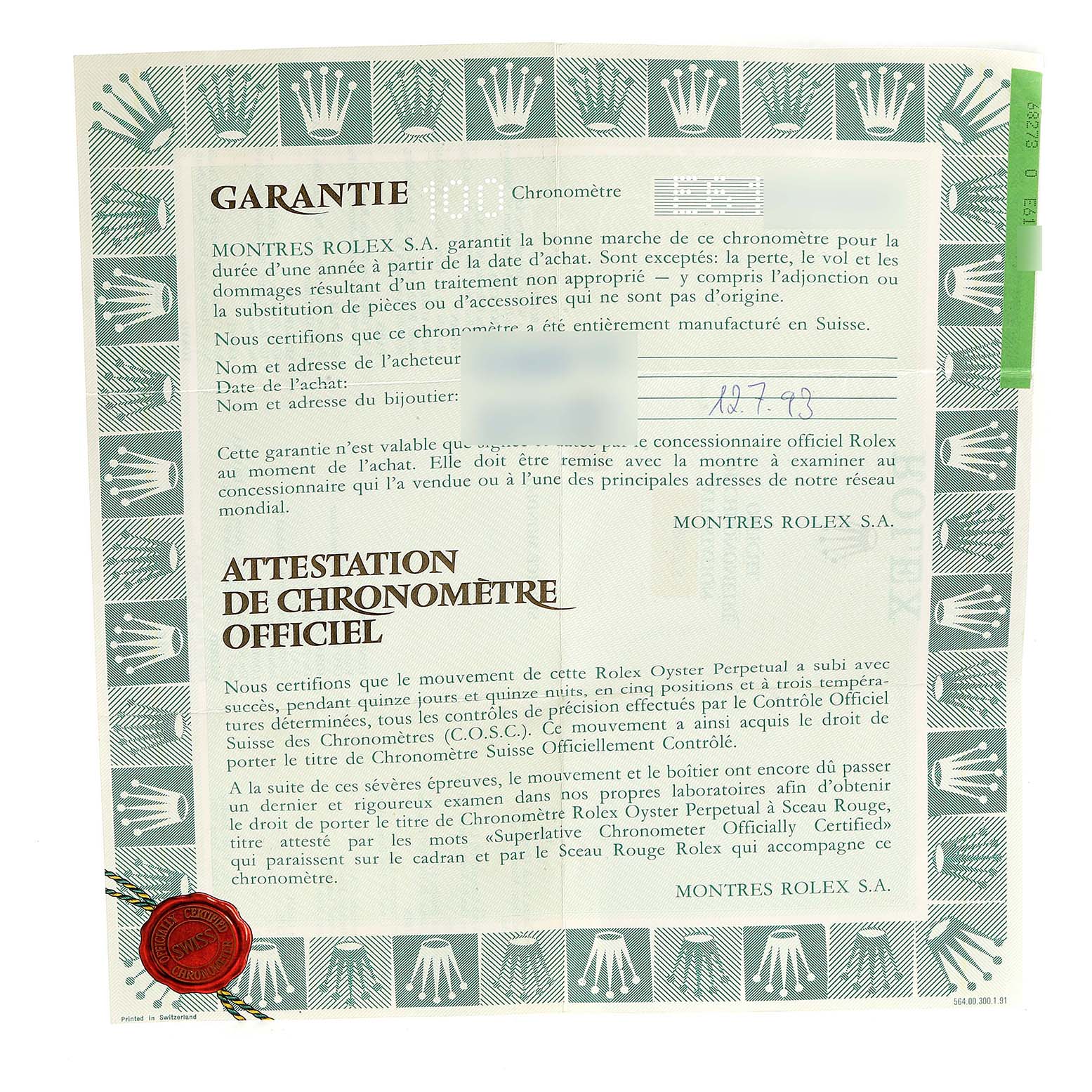 The image shows a guarantee and official chronometer certificate document for a Mid-Size Rolex watch.