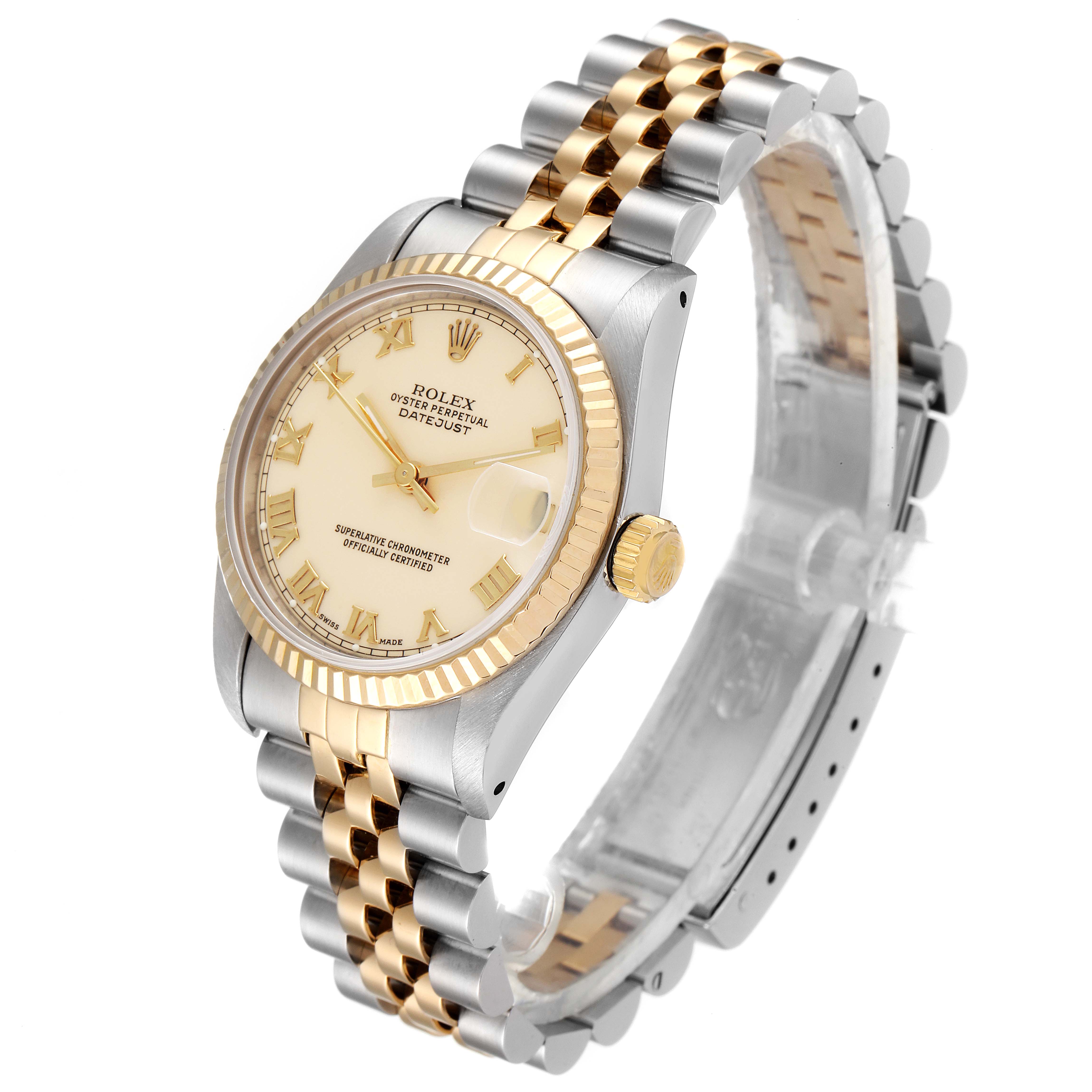 The image shows a side-front angle of a Rolex Mid-Size 68273 Women's Steel and Gold (two tone) Beige Dial 68273 Women's Steel and Gold (two tone) Beige Dial Oyster Perpetual Datejust watch, highlighting the bracelet and dial.