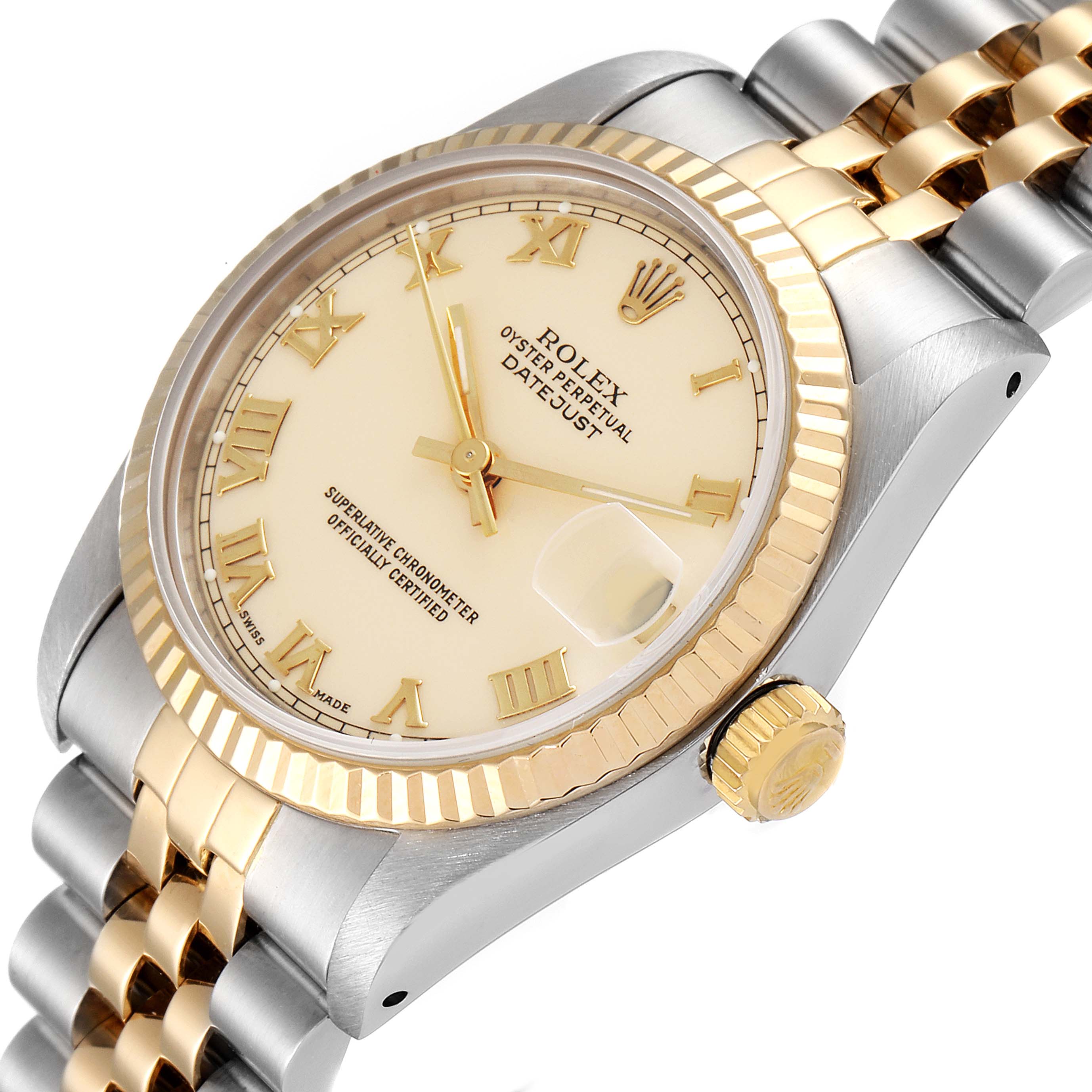 This image shows a close-up angle of the Rolex Datejust Mid-Size watch, highlighting the dial, bezel, and part of the bracelet.