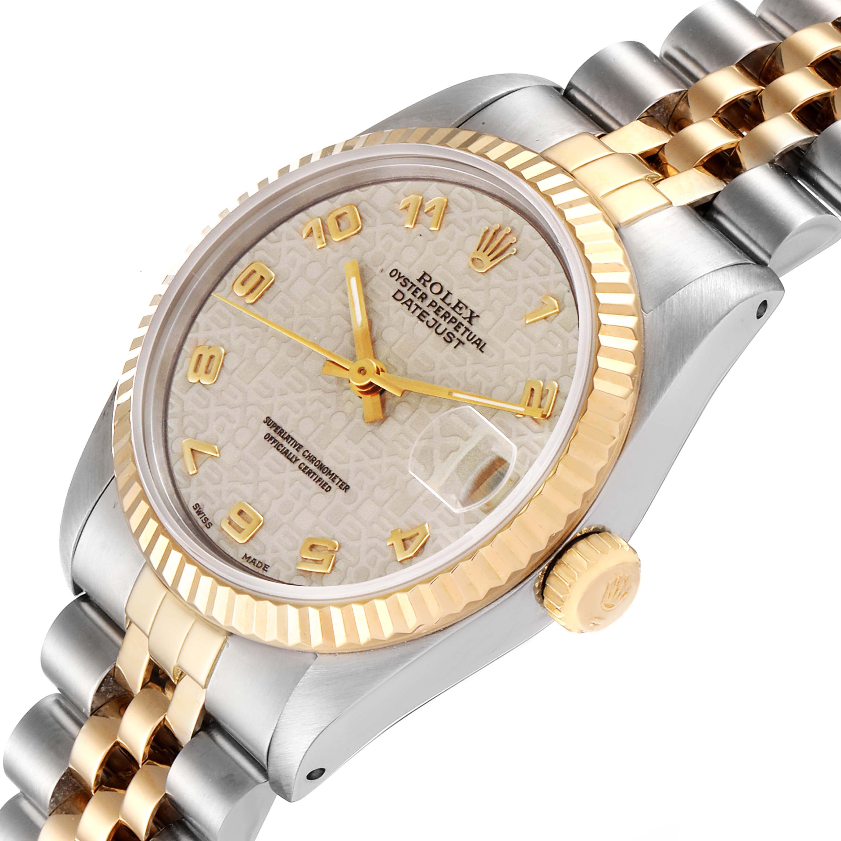 The image shows a close-up angle of a Rolex Mid-Size 68273 Women's Steel and Gold (two tone) Beige Dial 68273 Women's Steel and Gold (two tone) Beige Dial Datejust watch, highlighting its face, bezel, crown, and bracelet.
