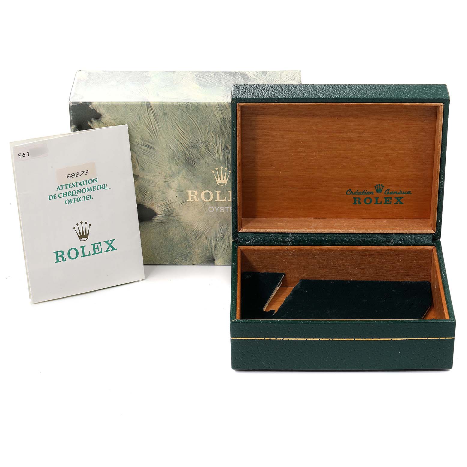 The image shows an empty Rolex Mid-Size 68273 Women's Steel and Gold (two tone) Beige Dial 68273 Women's Steel and Gold (two tone) Beige Dial watch box, its outer carton, and the official Rolex Attestation de Chronometre booklet.